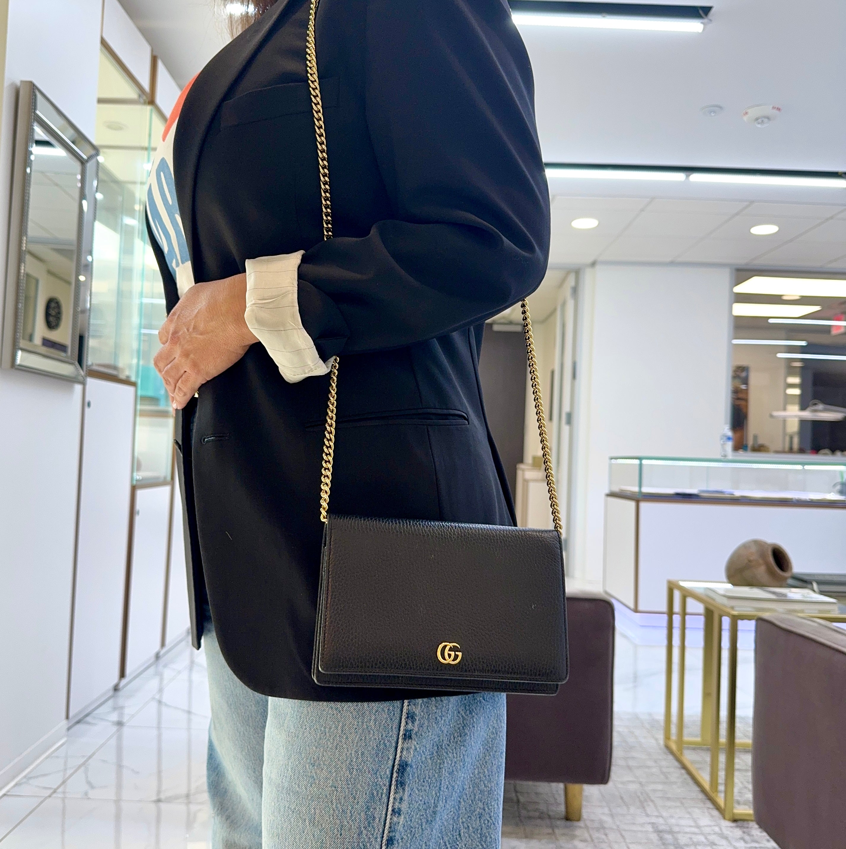 Gucci Gg Black Textured Leather Marmont Wallet on Chain Crossbody Bag
