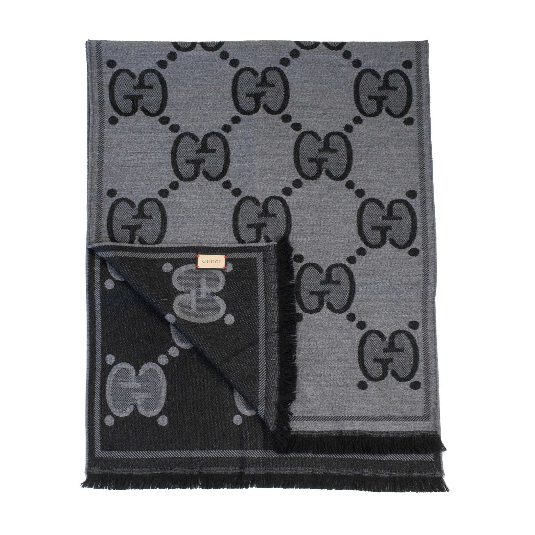 Gucci Gg Jumbo Wool Silk Jacquard Scarf in Grey and Black Cashmere Scarf