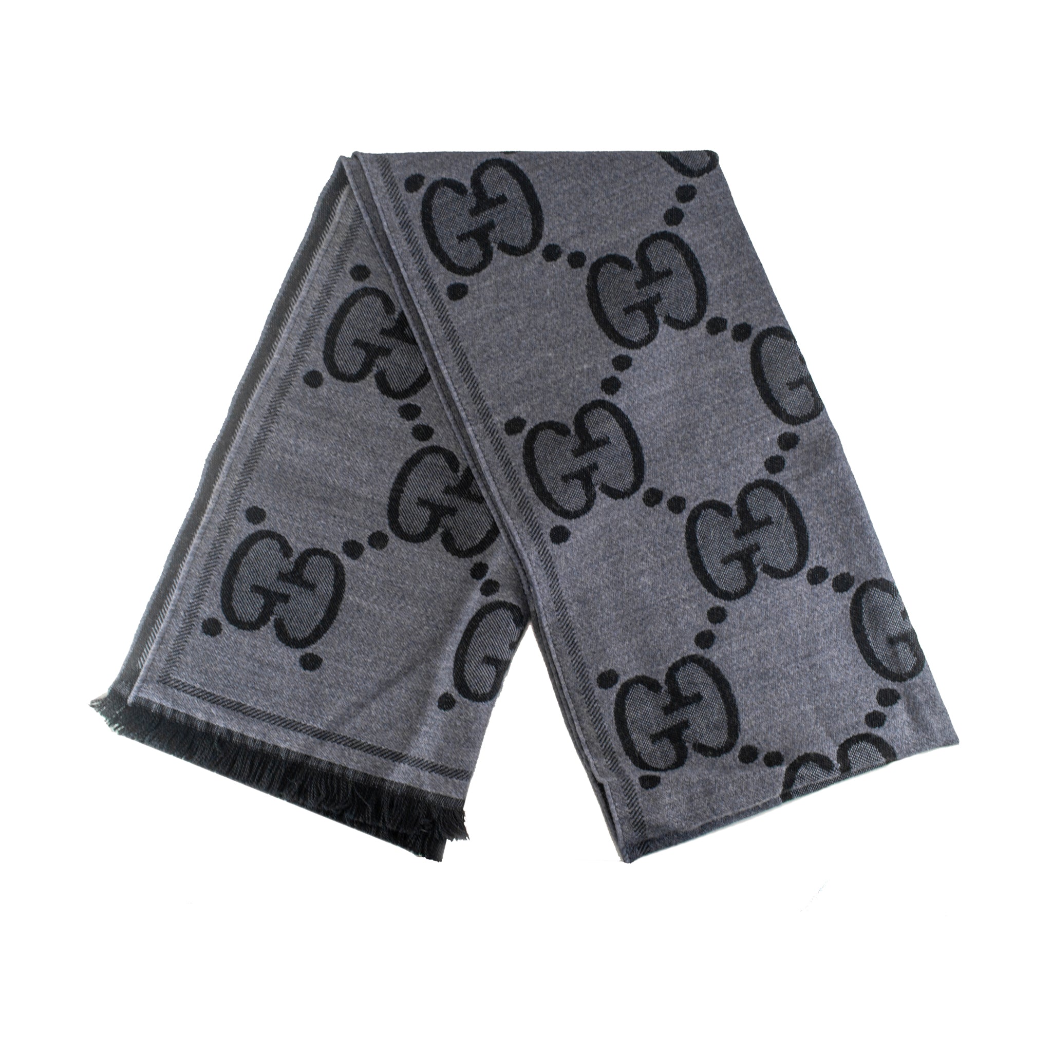 Gucci Gg Jumbo Wool Silk Jacquard Scarf in Grey and Black Cashmere Scarf