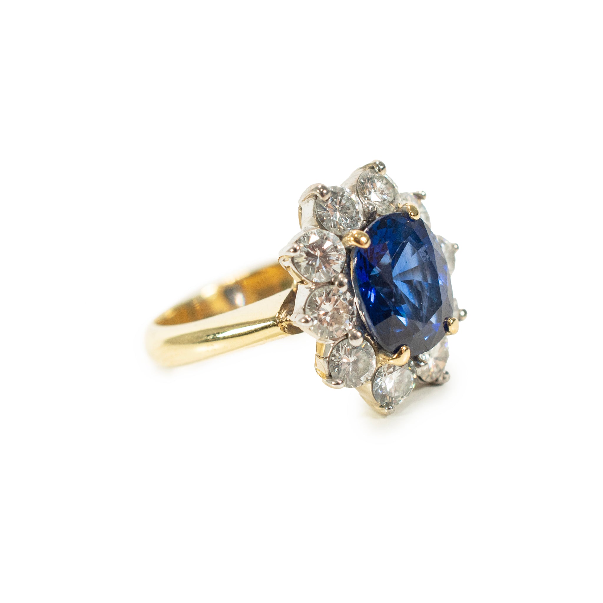 Vintage 18K Gold 2.98ct GIA Ceylon Royal Blue Sapphire Halo Diamond Cocktail Ring