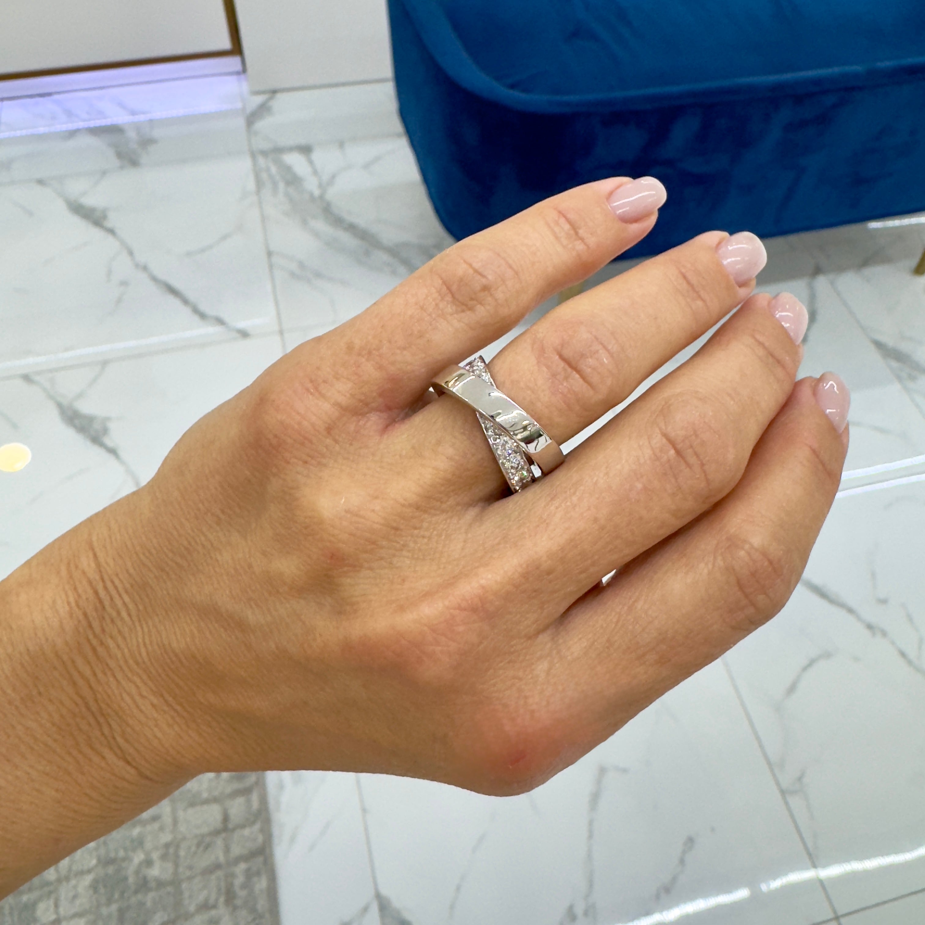 Ladies Cartier Paris Nouvelle Vague 18K White Gold Diamond Crossover Band Ring