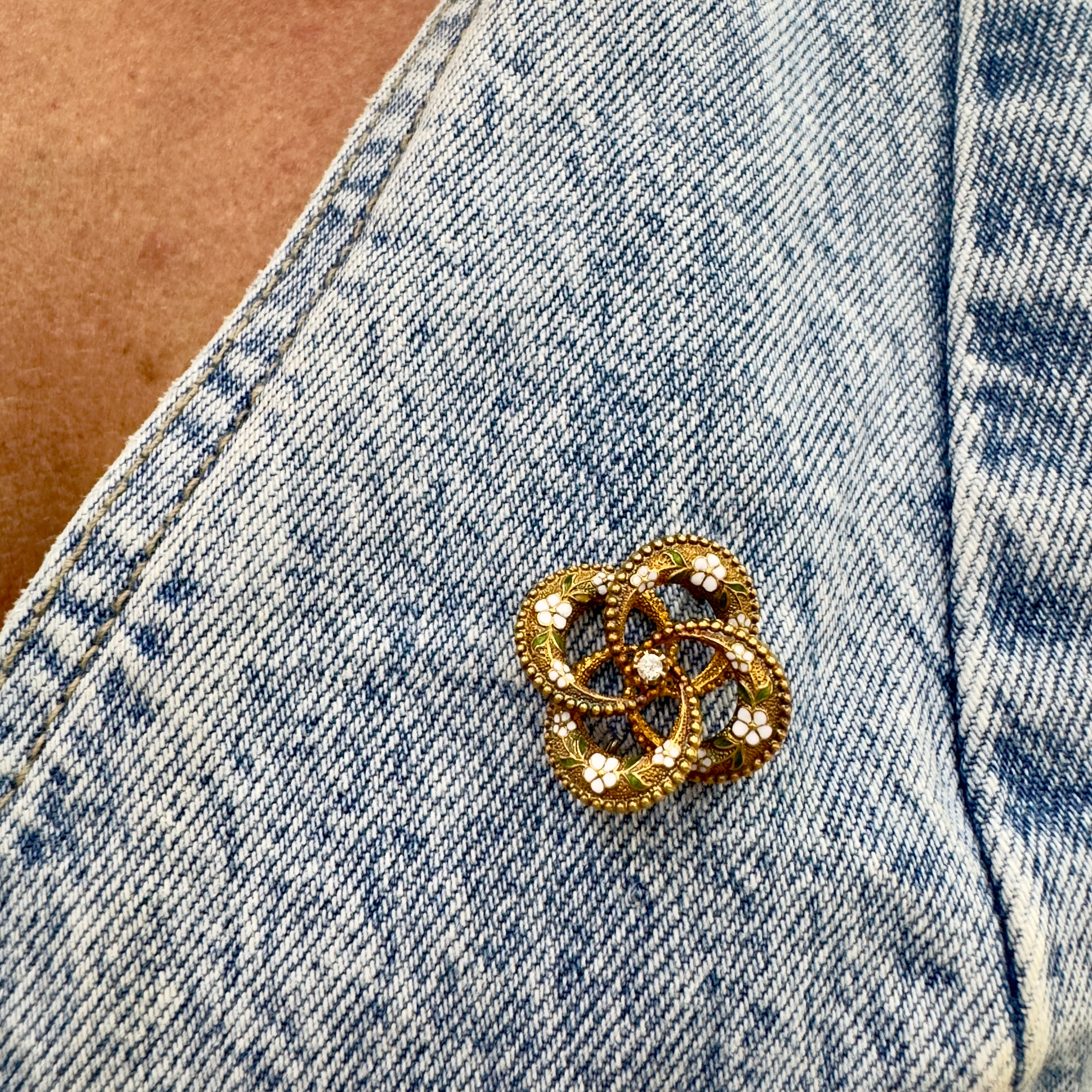 Antique 23K Gold Old European Cut Diamond White Green Enamel Flower PIN Brooch