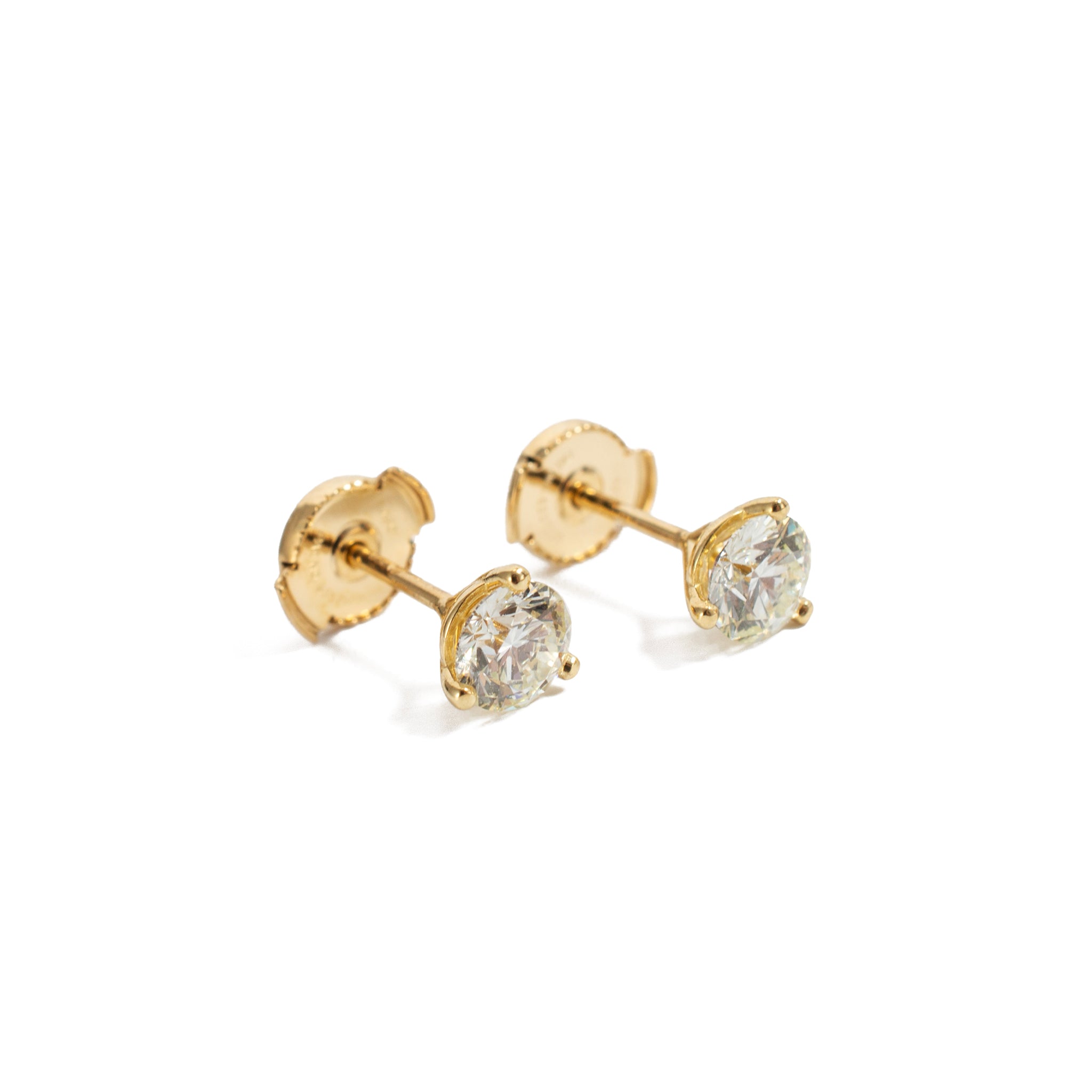 18K Yellow Gold 1CT GIA Diamond 3-Prong Martini Set Stud Earrings