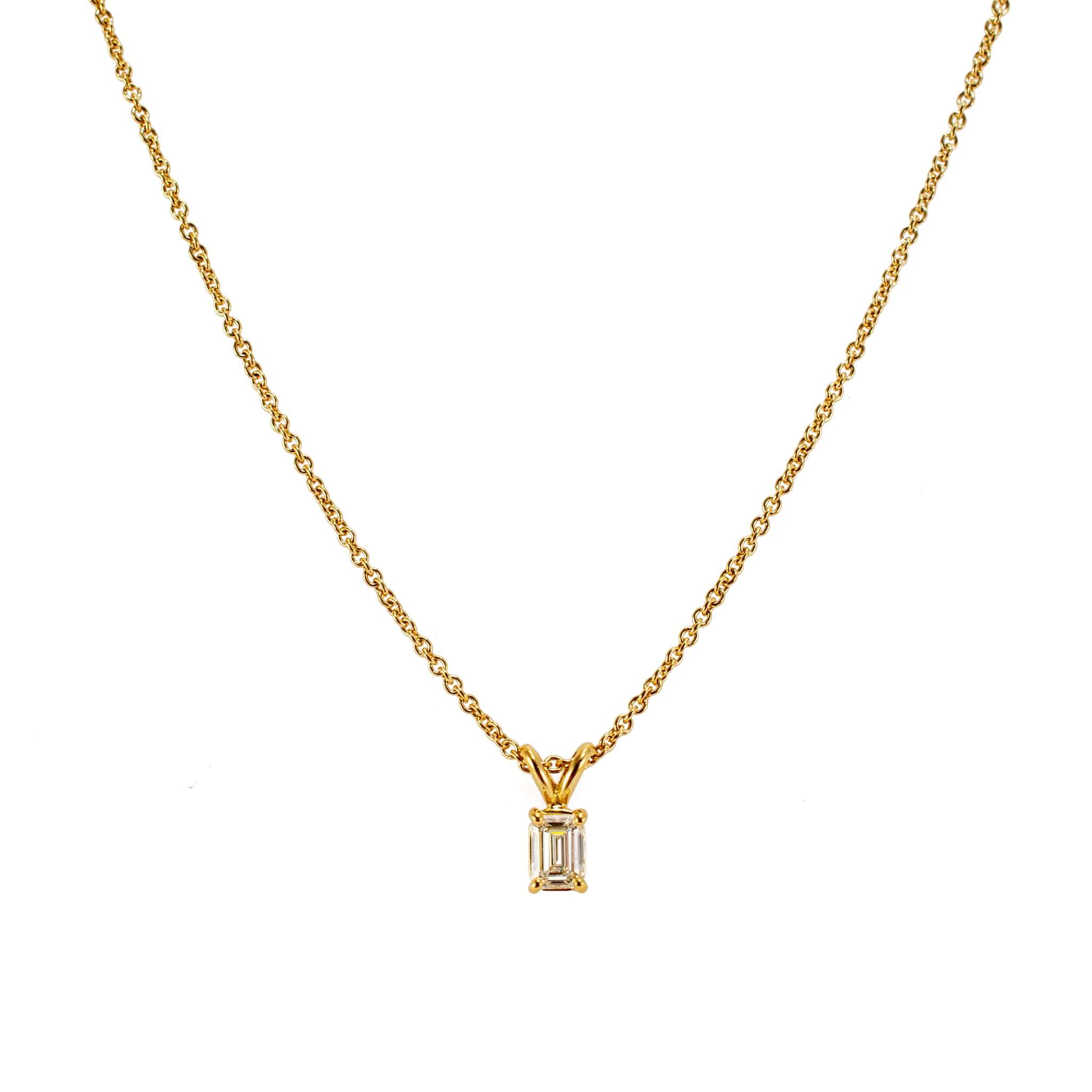Ladies 18K Yellow Gold GIA 0.50ct Emerald Cut 4 Prong Solitaire Pendant Necklace