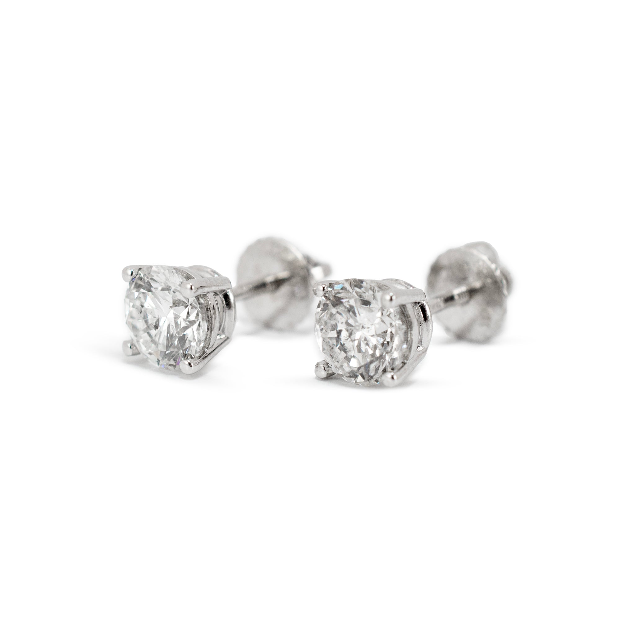 14K White Gold 4 Prong Screw Back 1.40 CT Round Diamond Stud Earrings