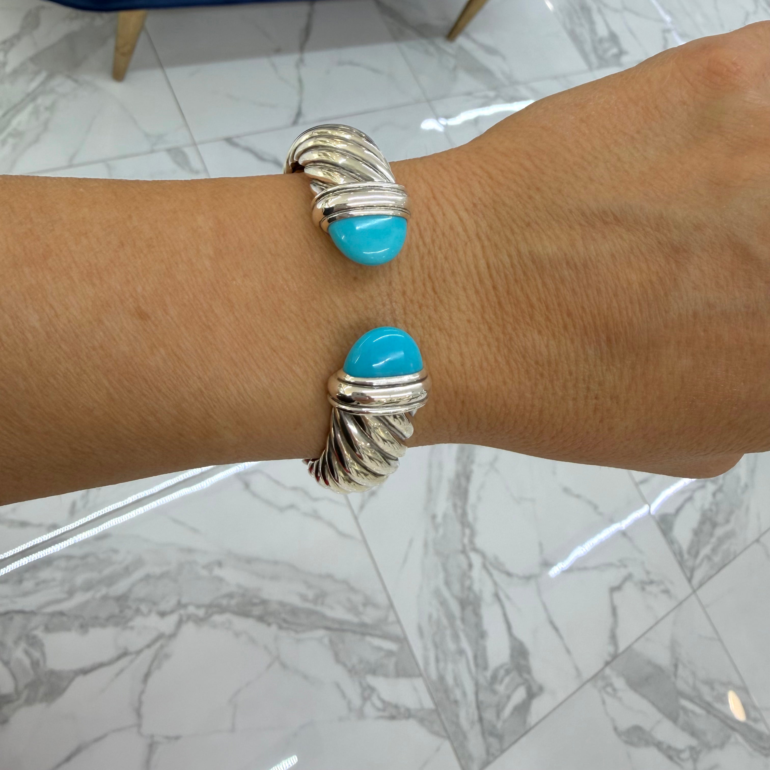 David Yurman Sculpted 925 Silver Turquoise Cable Waverly Cuff Bangle Bracelet