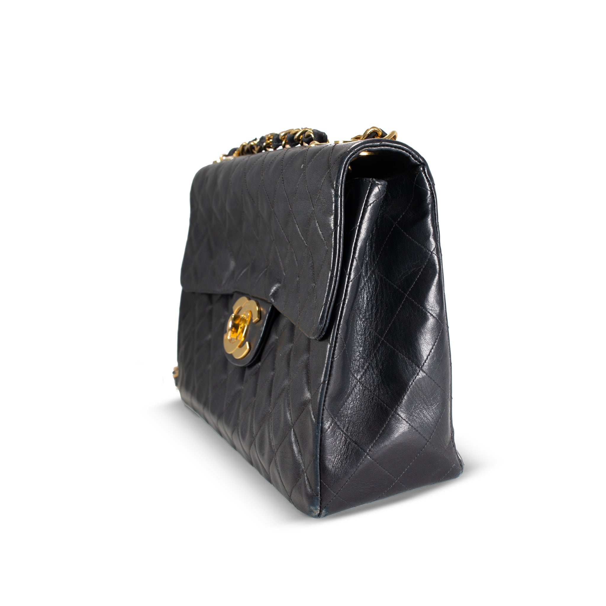 Vintage Chanel 1990s Black Lambskin Leather Quilted XL Jumbo Flap Bag