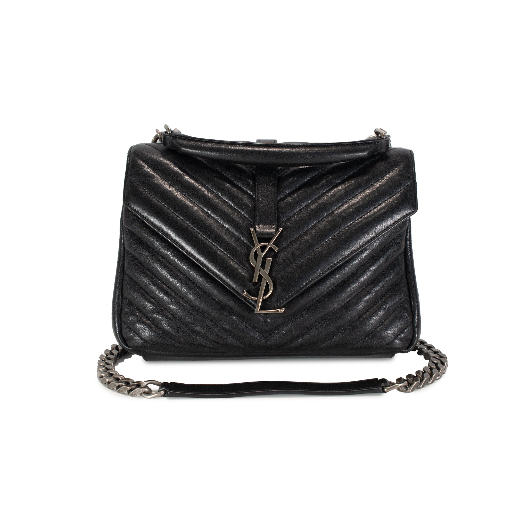 Saint Laurent College Medium Black Quilted Leather Top Handle Crossbody Bag