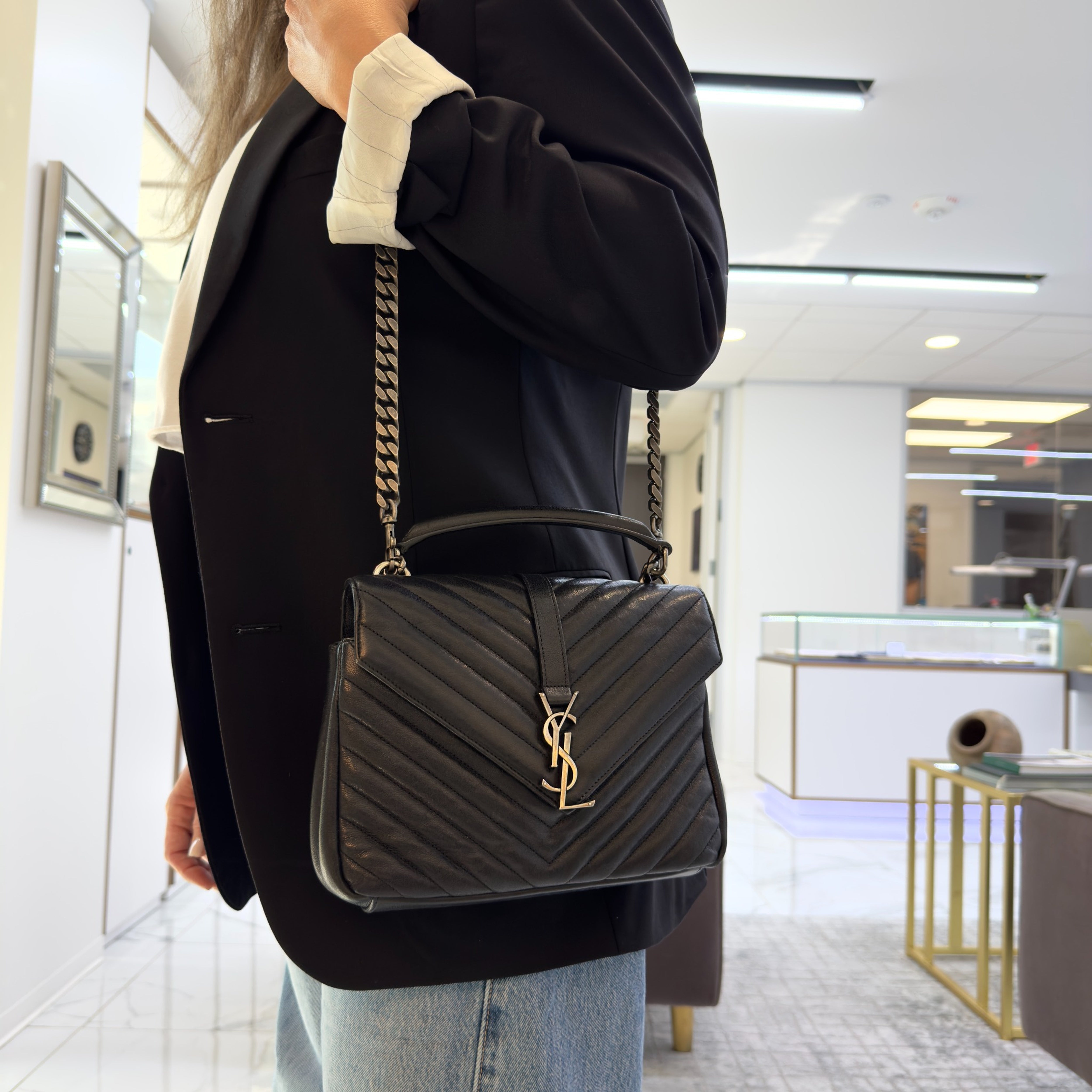 Saint Laurent College Medium Black Quilted Leather Top Handle Crossbody Bag