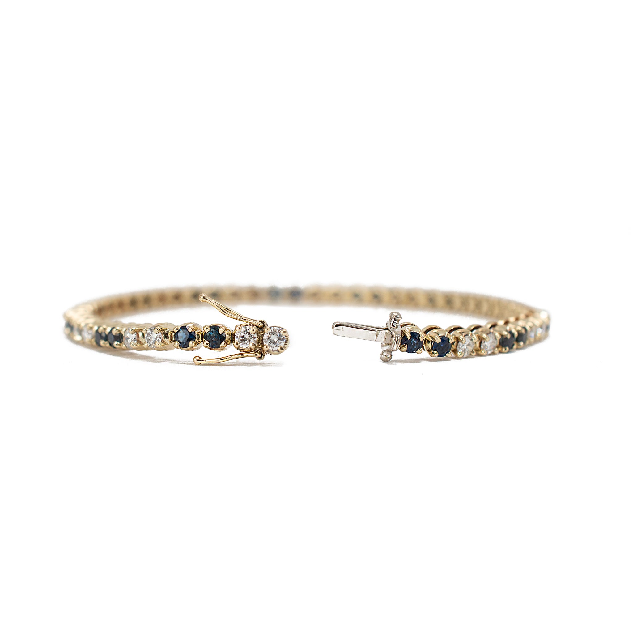 Ladies 14K Yellow Gold Sapphire Diamond Alternating Tennis Bracelet