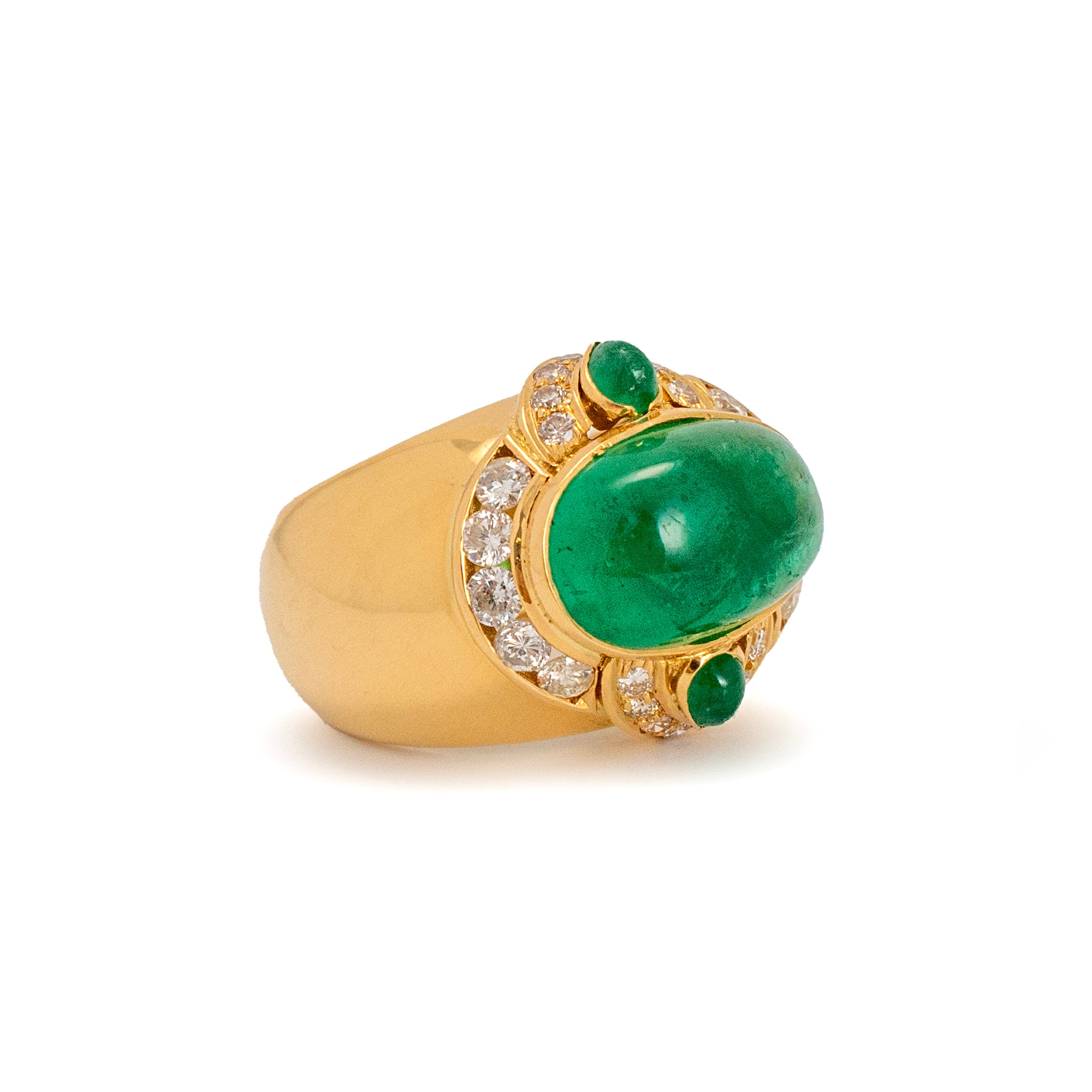 Vintage 18K Gold 5.83ct Sugarloaf Cabochon Green Emerald Diamond Cocktail Ring