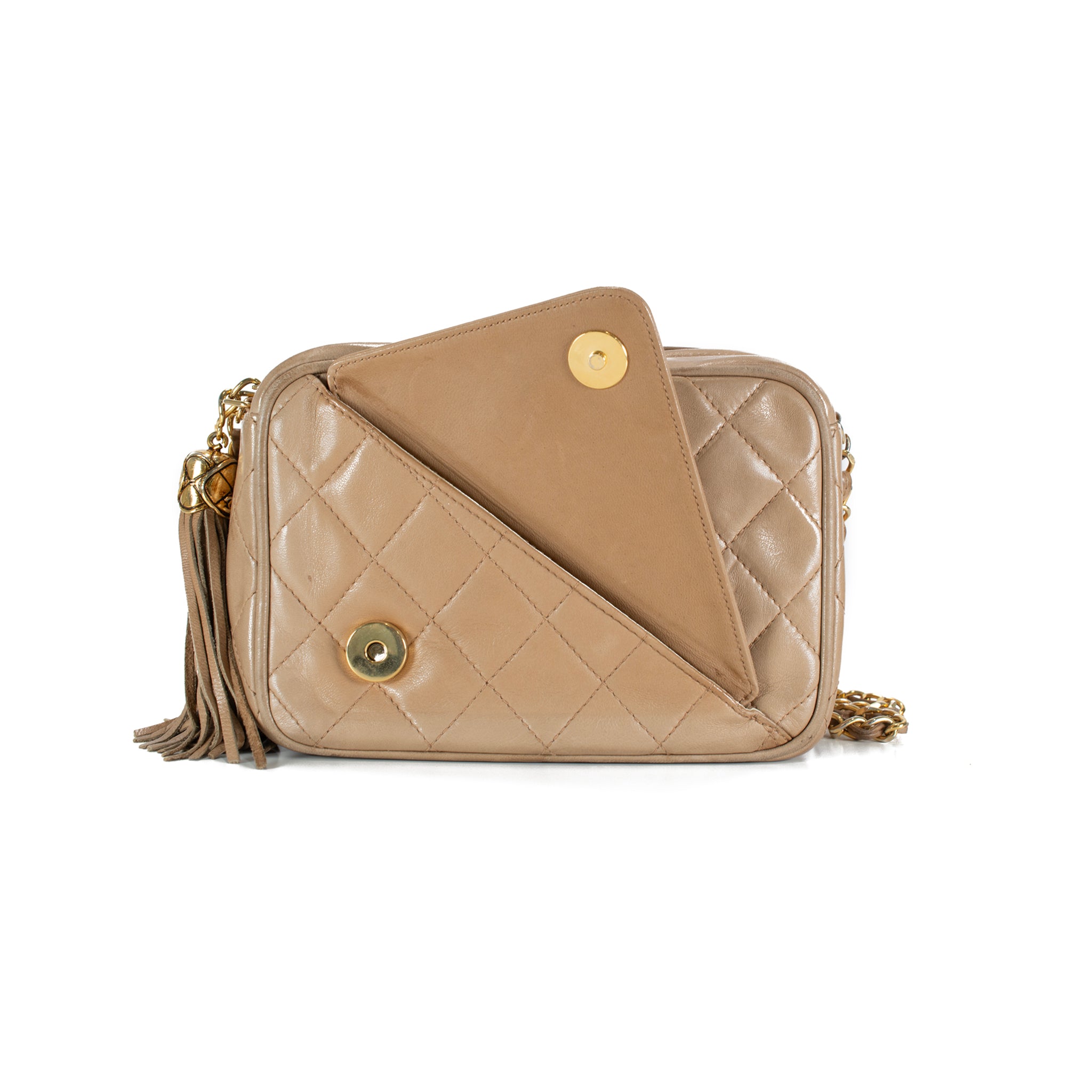 Vintage Chanel Quilted Beige Quilted Lambskin Leather Tassel Camera Bag