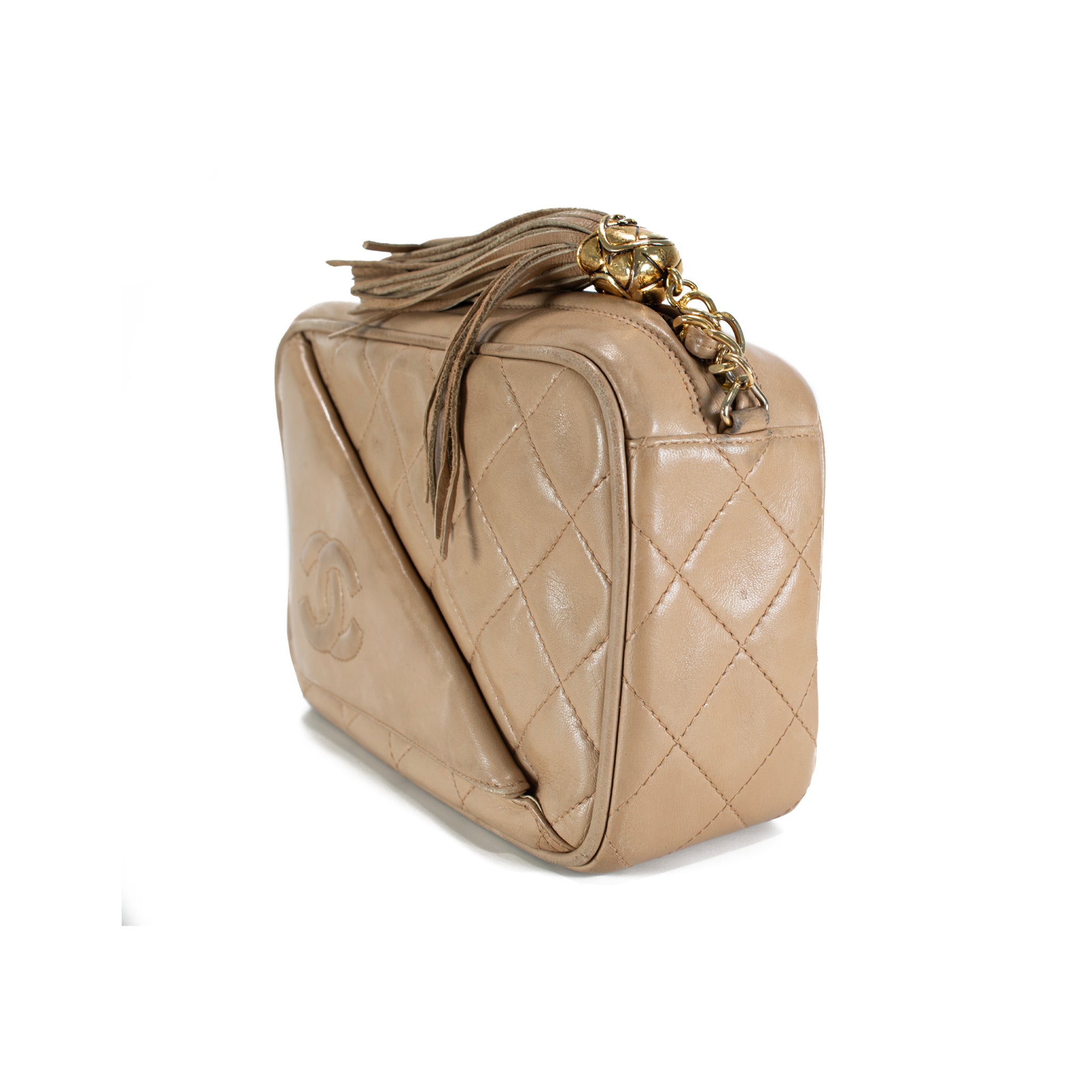 Vintage Chanel Quilted Beige Quilted Lambskin Leather Tassel Camera Bag