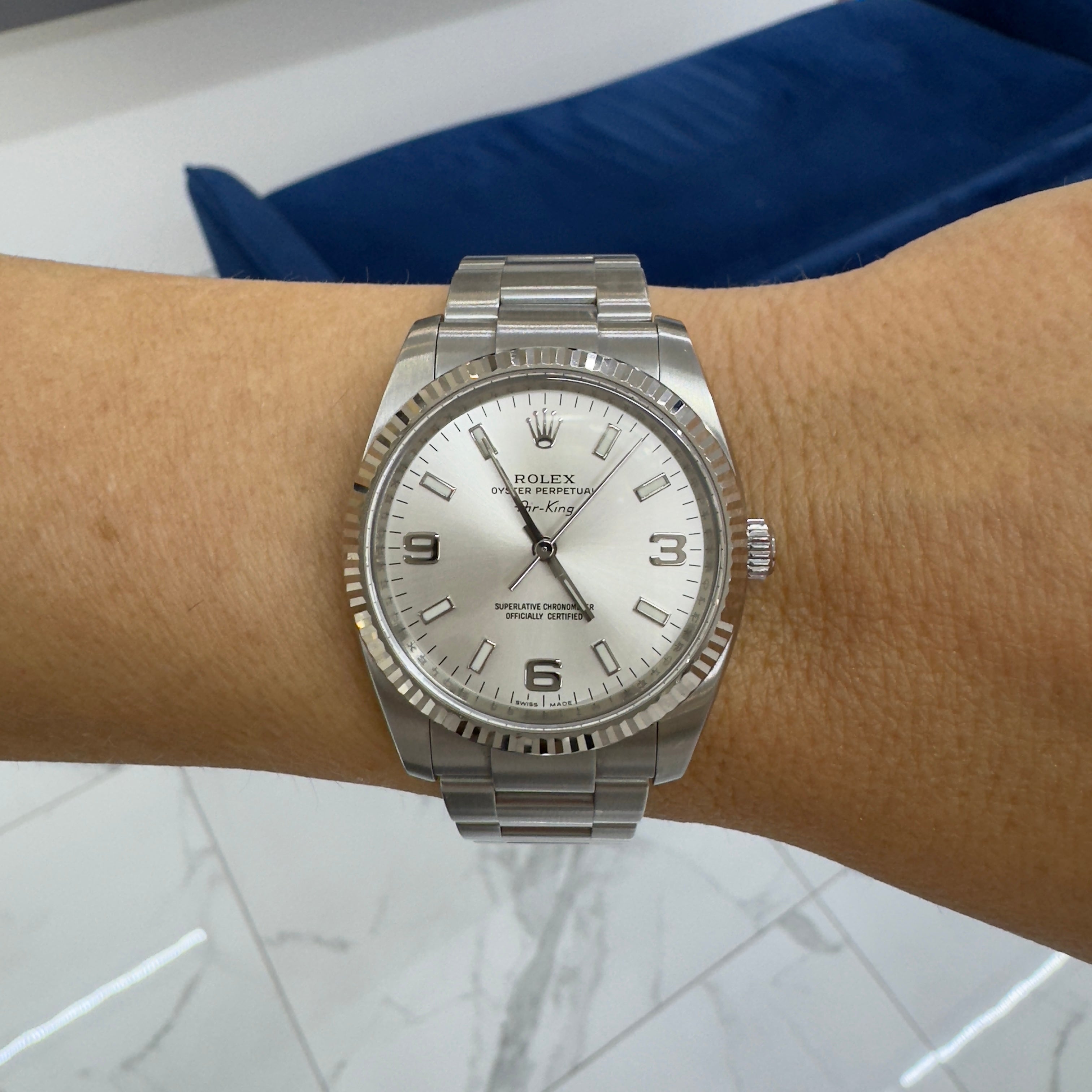 2007 Rolex Air King 34MM 114234 Silver Dial Fluted Oyster Stainless Steel Watch