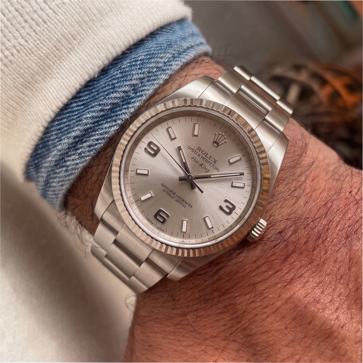2007 Rolex Air King 34MM 114234 Silver Dial Fluted Oyster Stainless Steel Watch