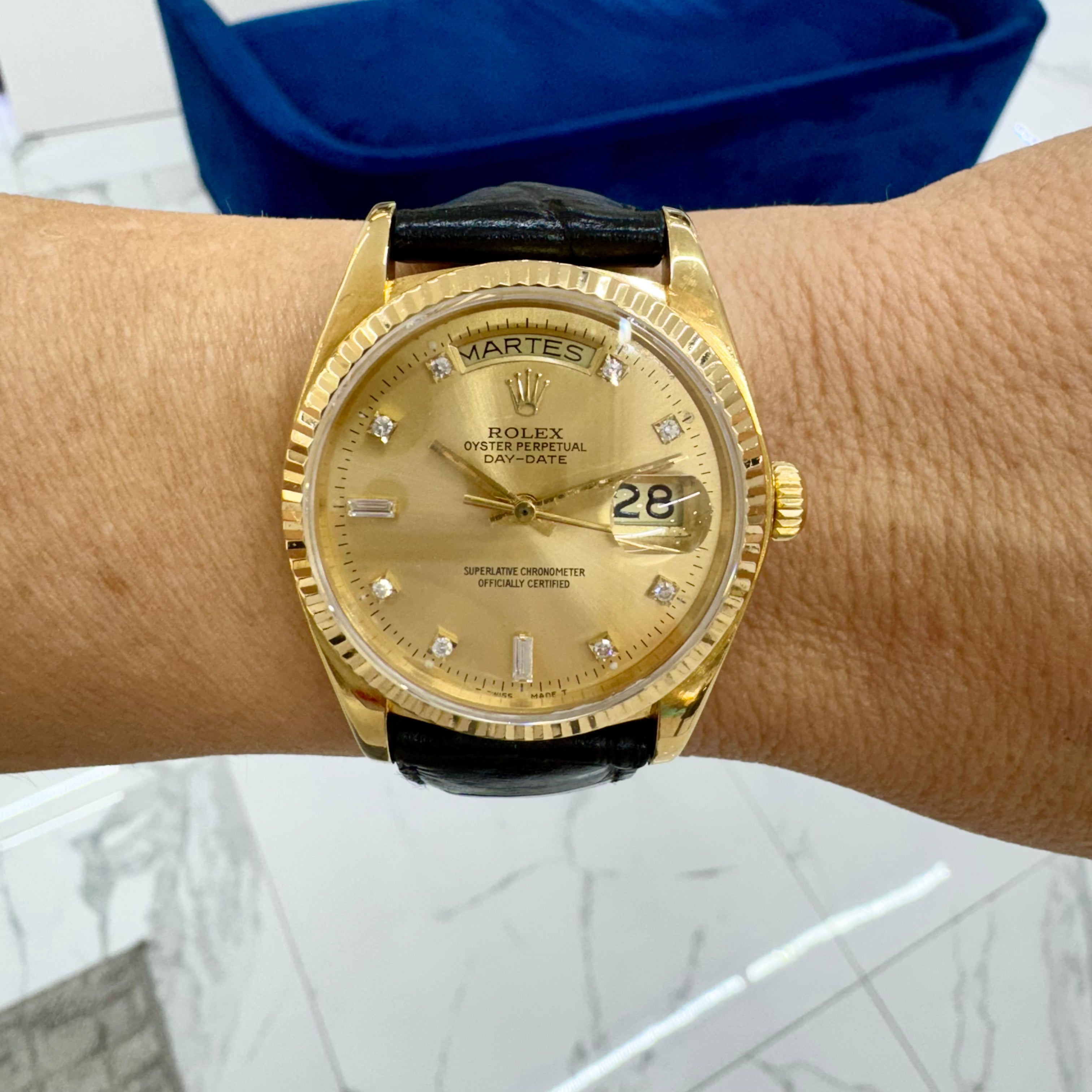 1979 Rolex Day Date 36MM 18078 President Diamond Dial Black 18K Gold Watch