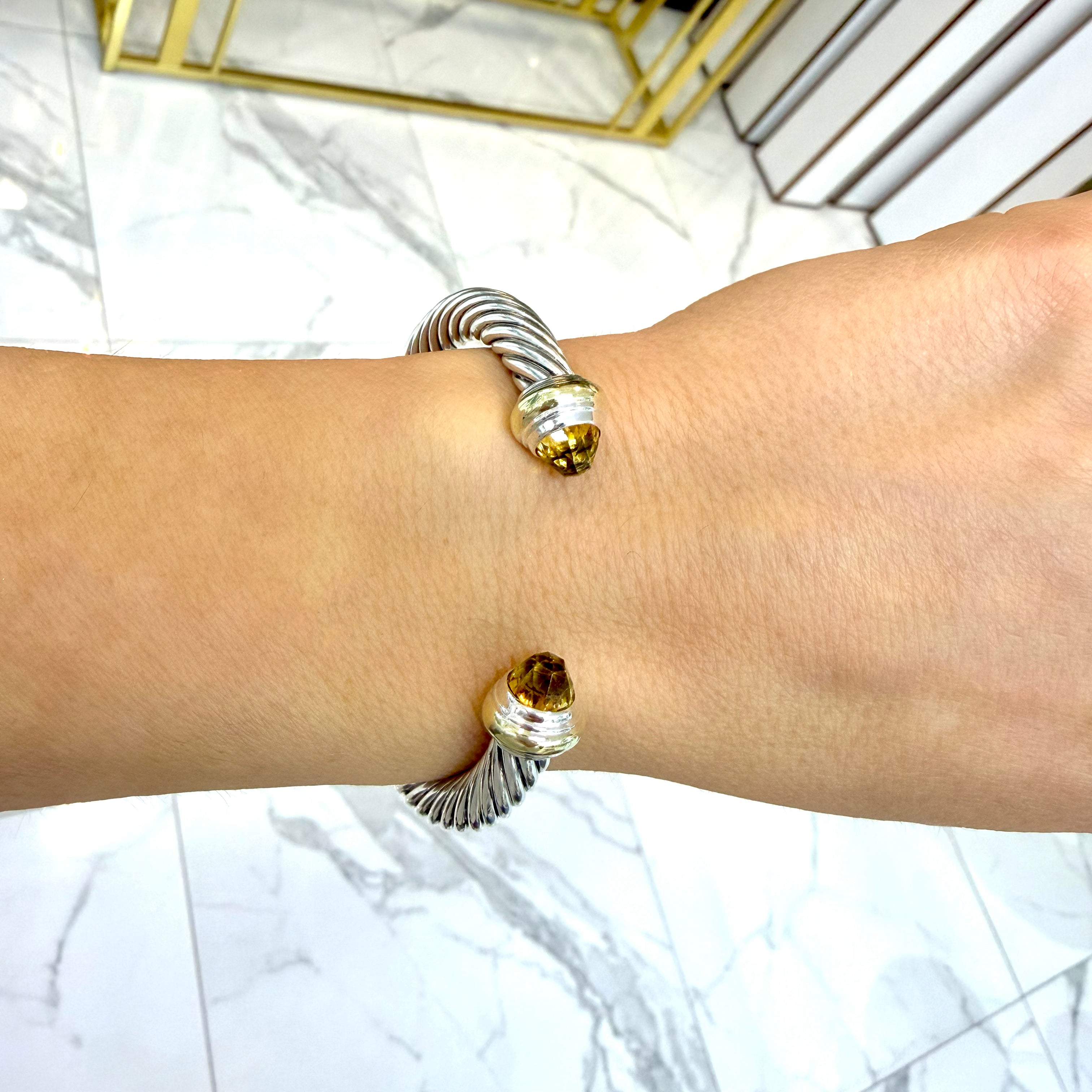 David Yurman Classic Cable 7MM 14K Gold 925 Silver Citrine Bangle Cuff Bracelet