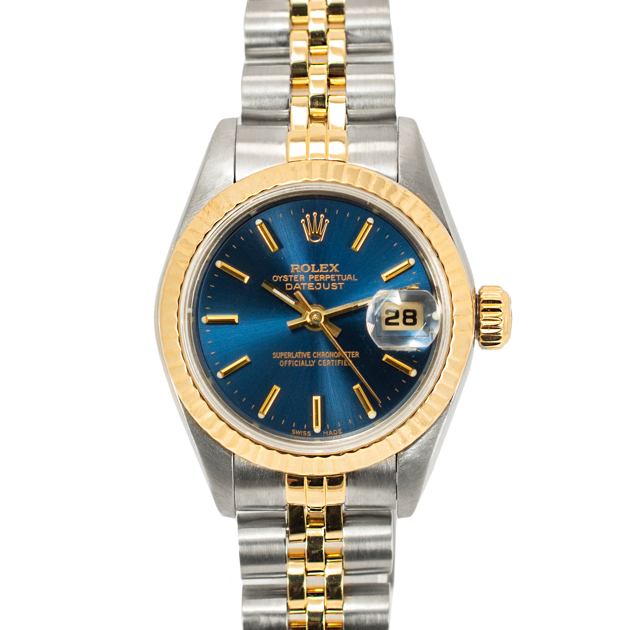 Rolex Ladies Datejust 26MM 69173 Blue Dial Fluted Jubilee 18K Gold Steel Watch
