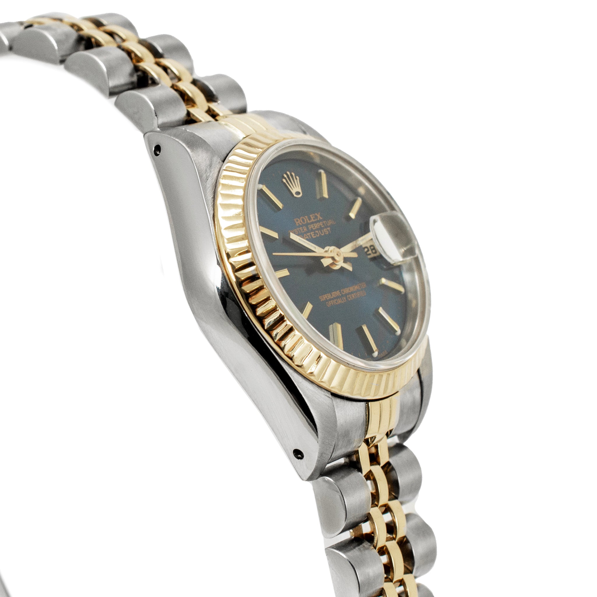 Rolex Ladies Datejust 26MM 69173 Blue Dial Fluted Jubilee 18K Gold Steel Watch
