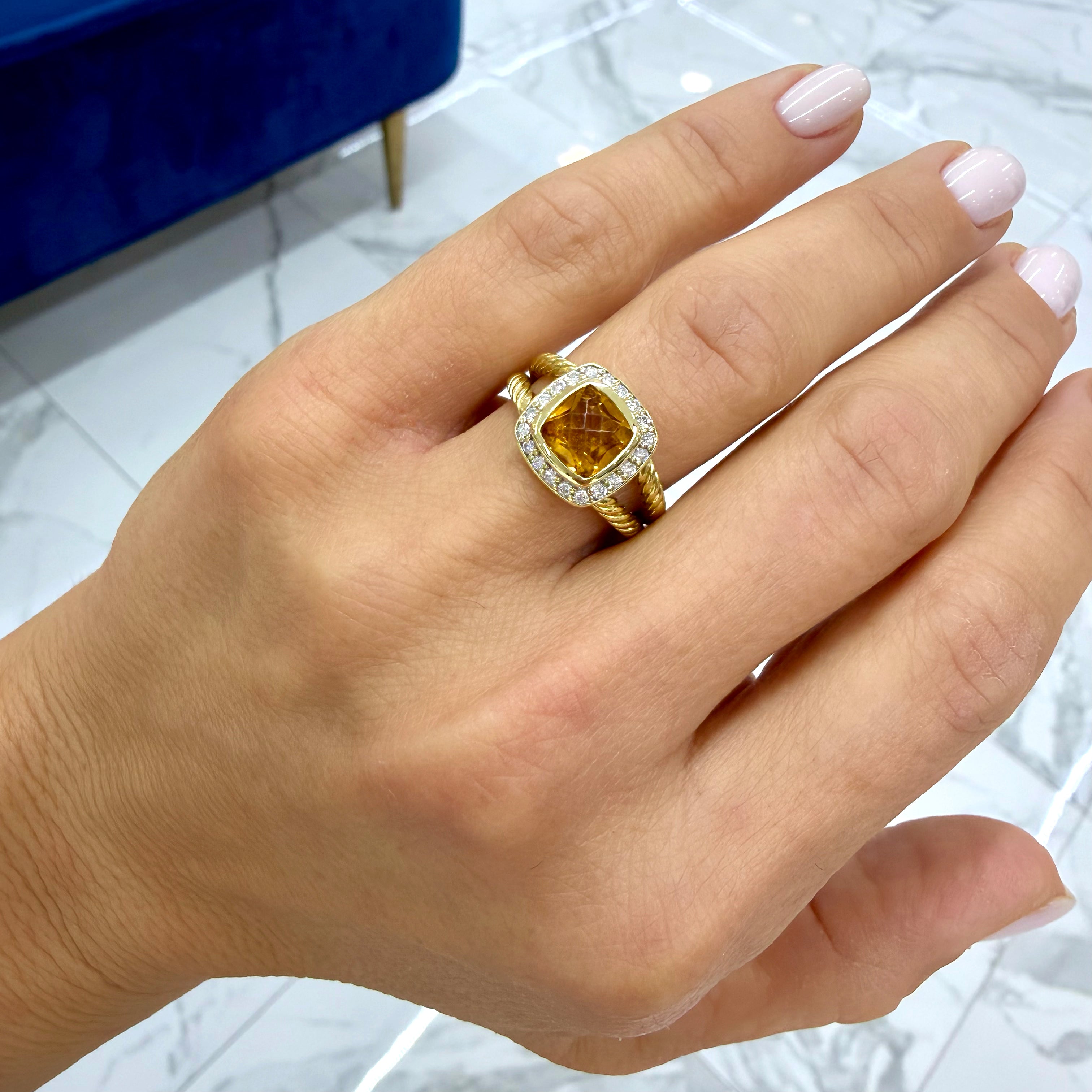 David Yurman Albion 18K Yellow Gold Citrine Diamond Cable Cocktail Ring