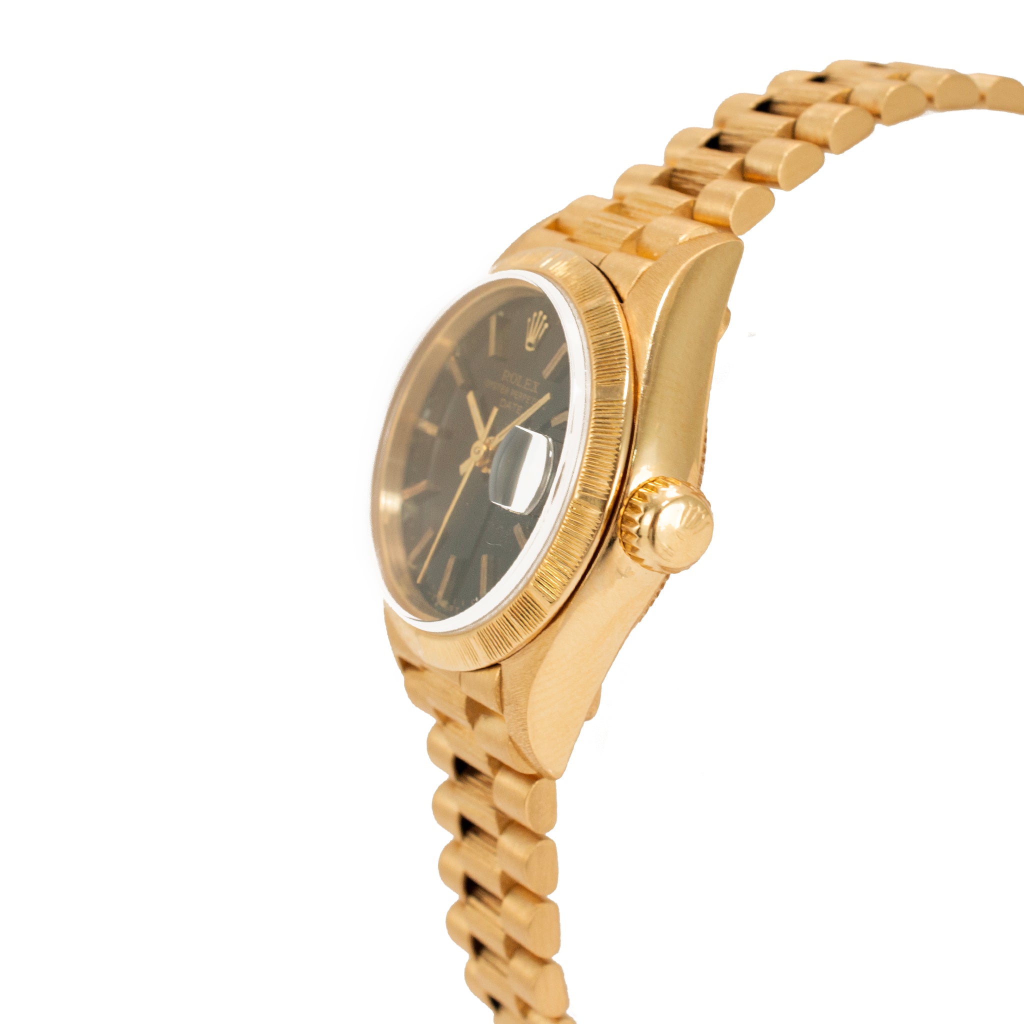 Ladies Vintage Rolex Datejust 26MM 69278 18K Gold Bark Black President Watch