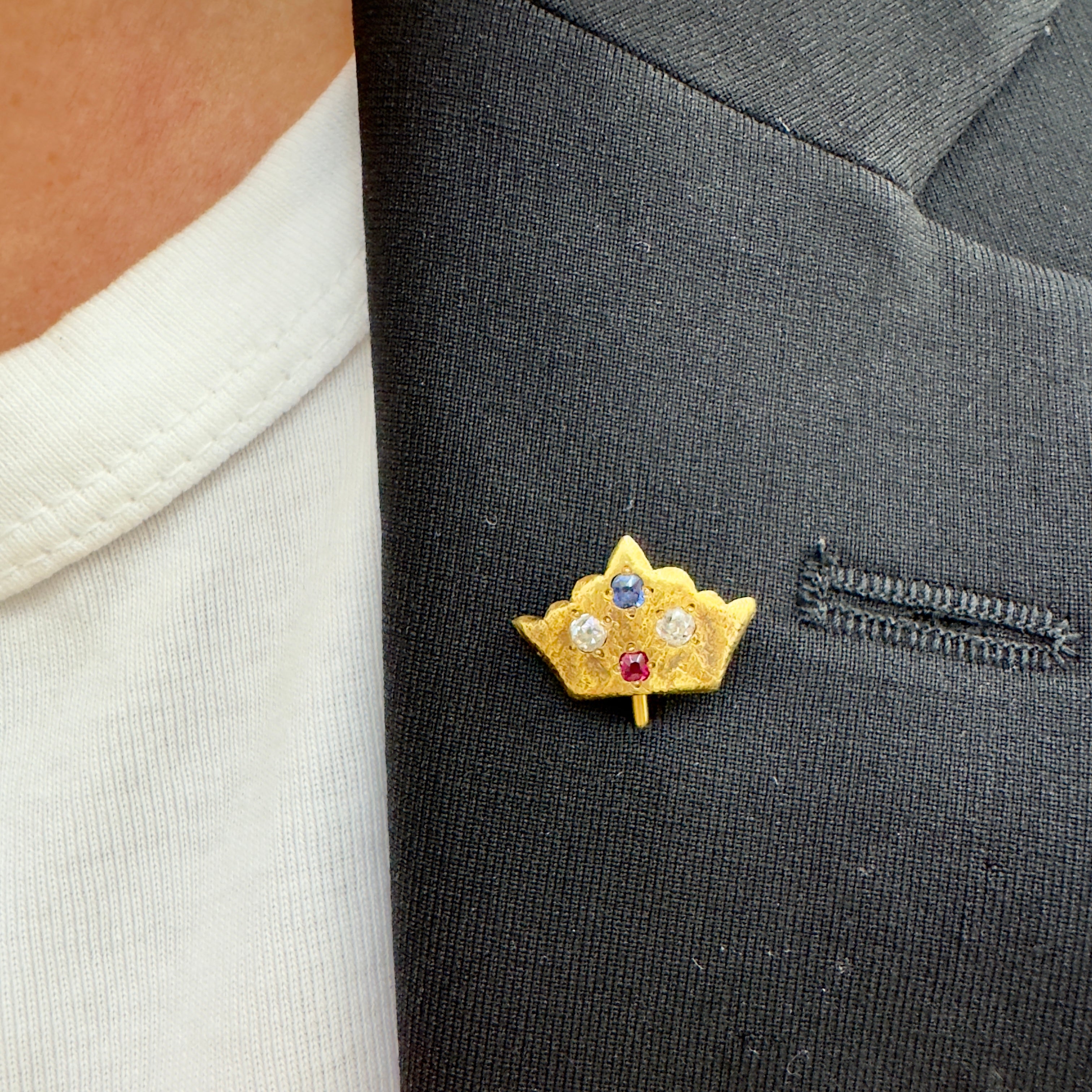 Antique Victorian 18K Yellow Gold Sapphire Ruby Diamond Royal Crown Pin