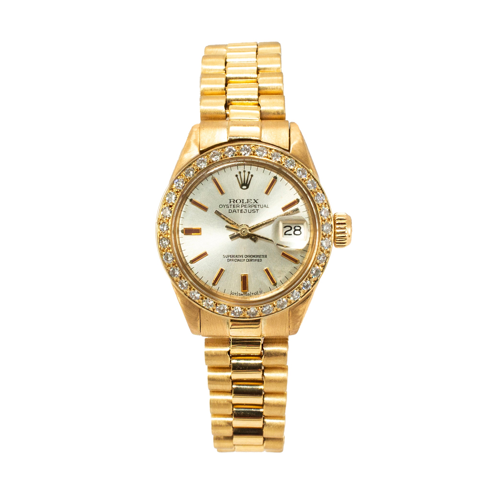 Ladies Rolex Datejust 26MM 6917 Silver Diamond Bezel President 18K Gold Watch