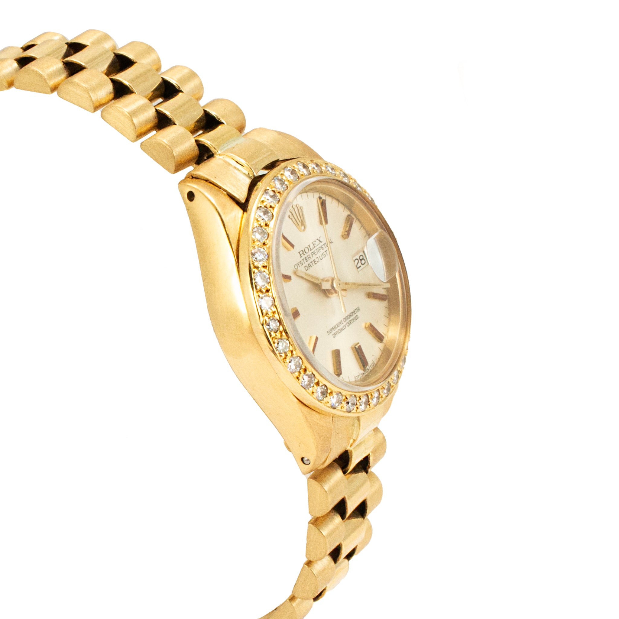 Ladies Rolex Datejust 26MM 6917 Silver Diamond Bezel President 18K Gold Watch