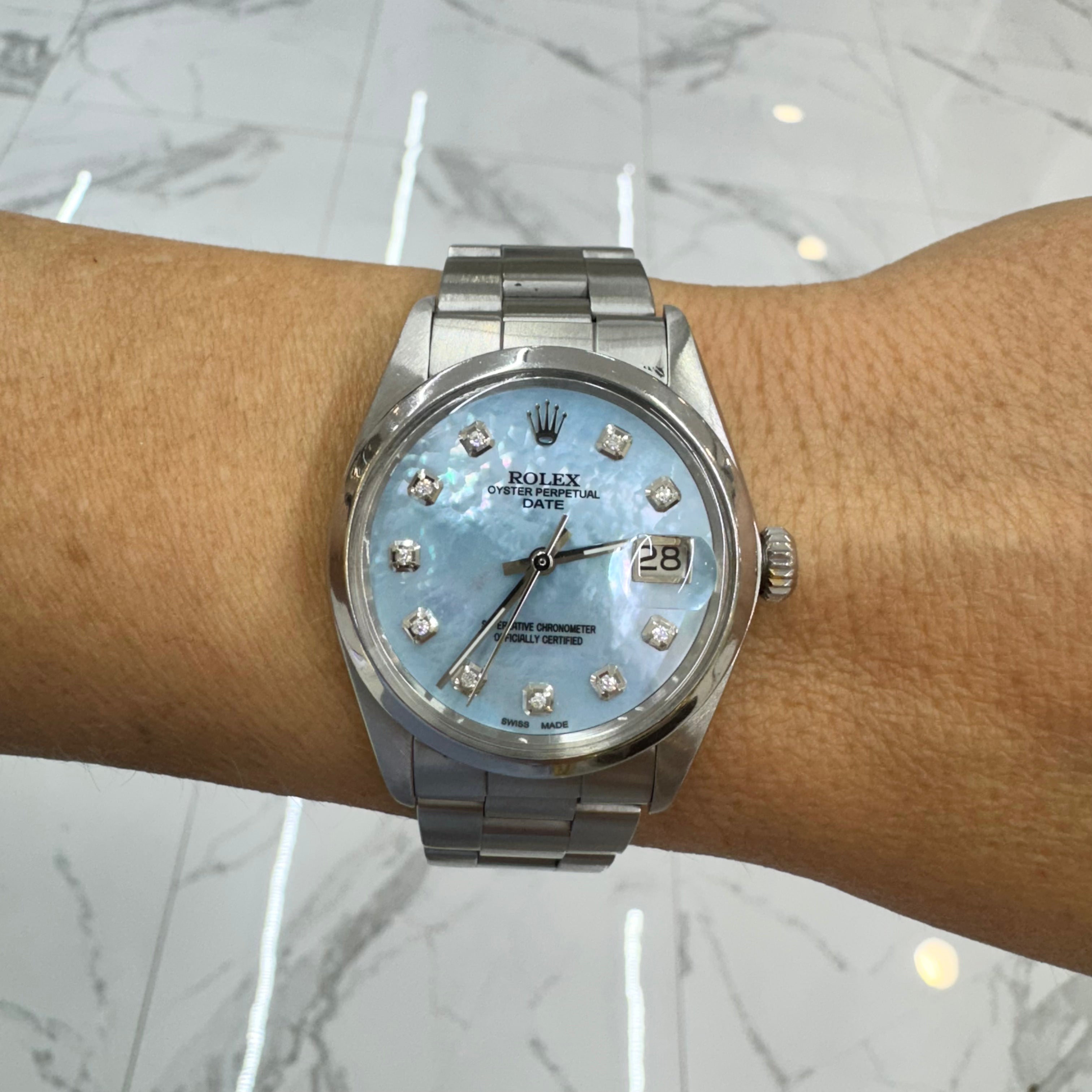 Rolex Oyster Perpetual Date 34MM 1501 Mop Diamond Dial Oyster Steel Watch