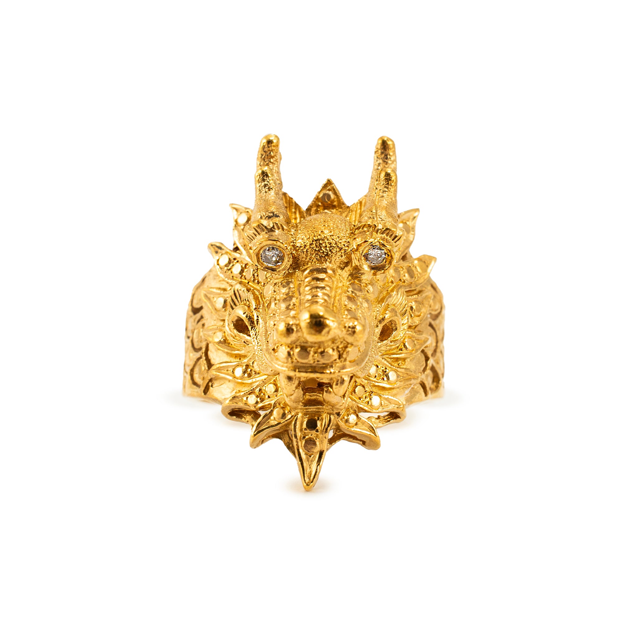 Vintage Solid 24K Gold 9999 Diamond Eyes Carved Dragon Head Cocktail Ring