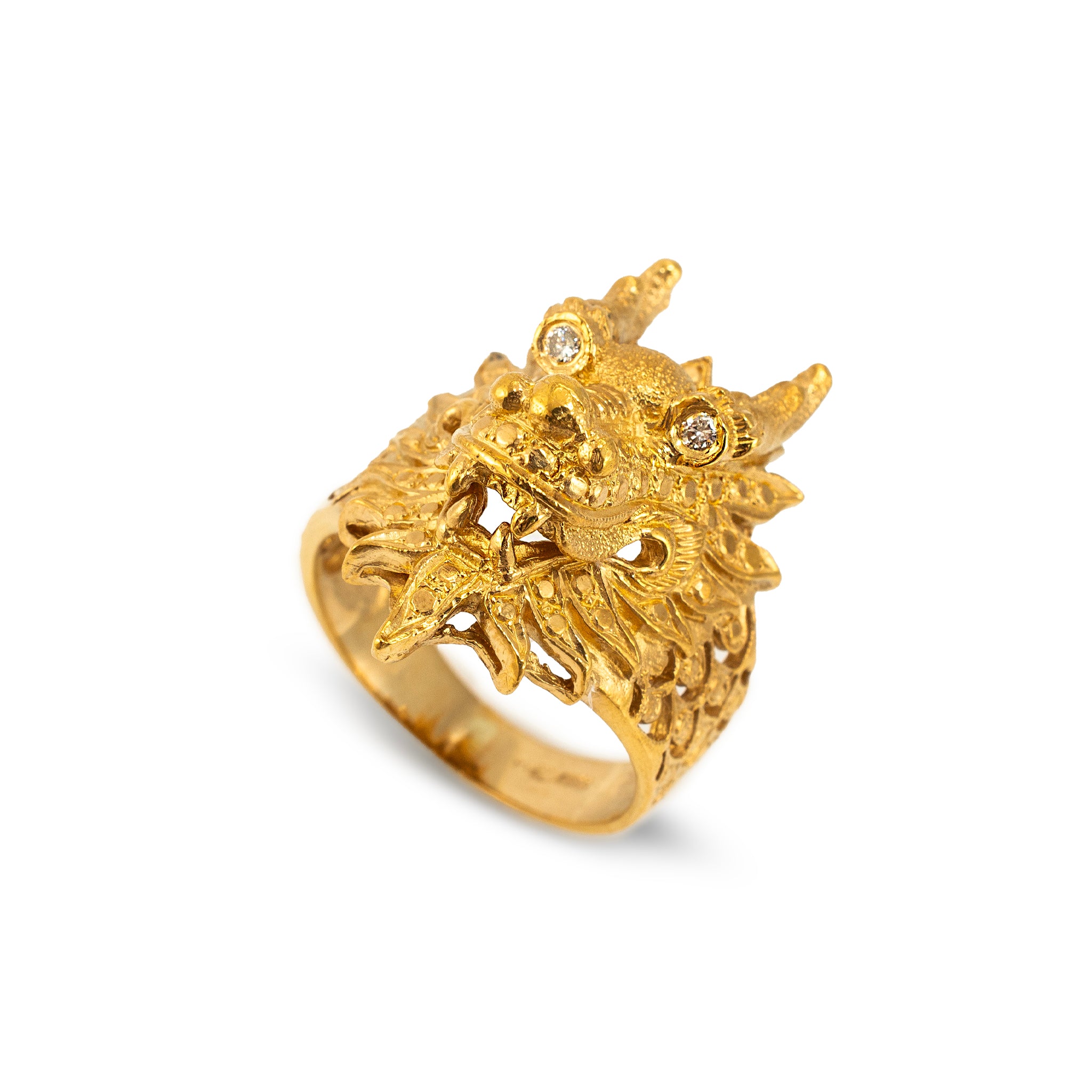 Vintage Solid 24K Gold 9999 Diamond Eyes Carved Dragon Head Cocktail Ring