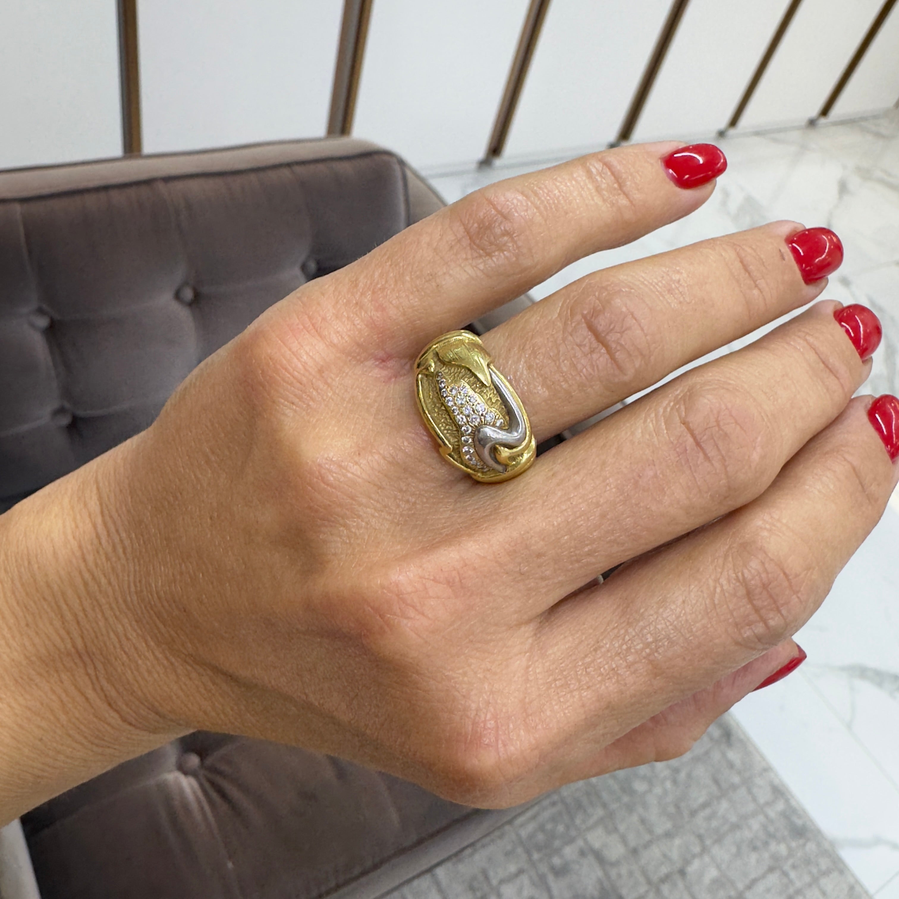 Vintage Henry Dunay 18K Yellow Gold & Platinum Diamond Free Form Cocktail Ring