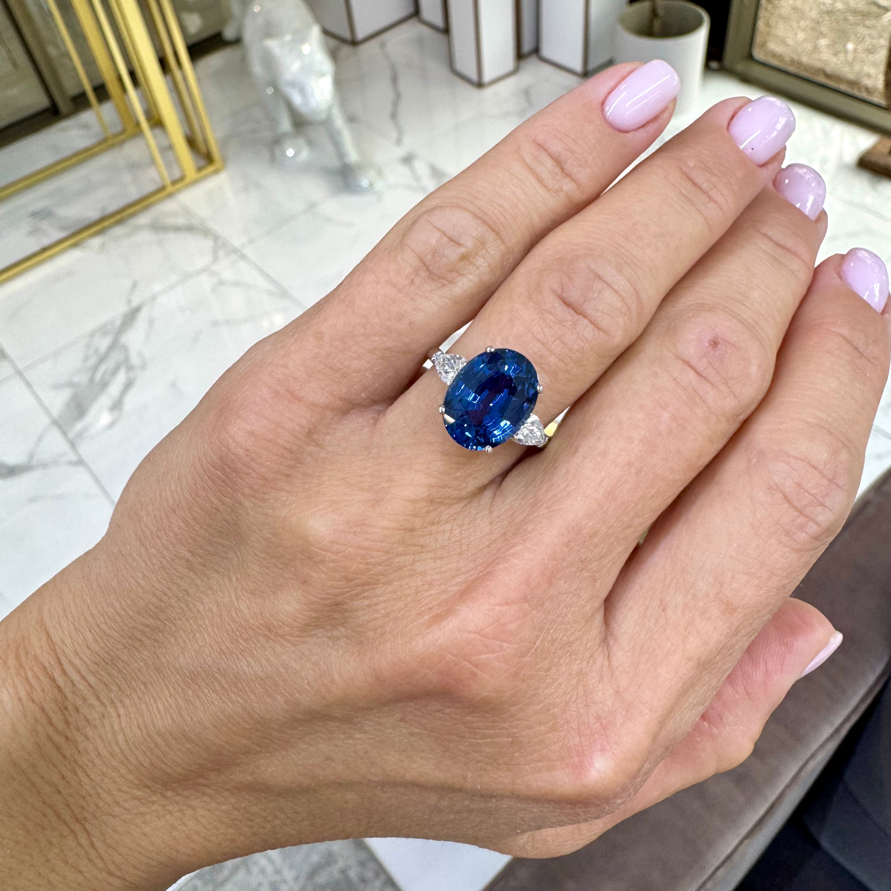 Vintage Platinum 5.97ct GIA Blue Sapphire Three Stone Diamond Cocktail Ring