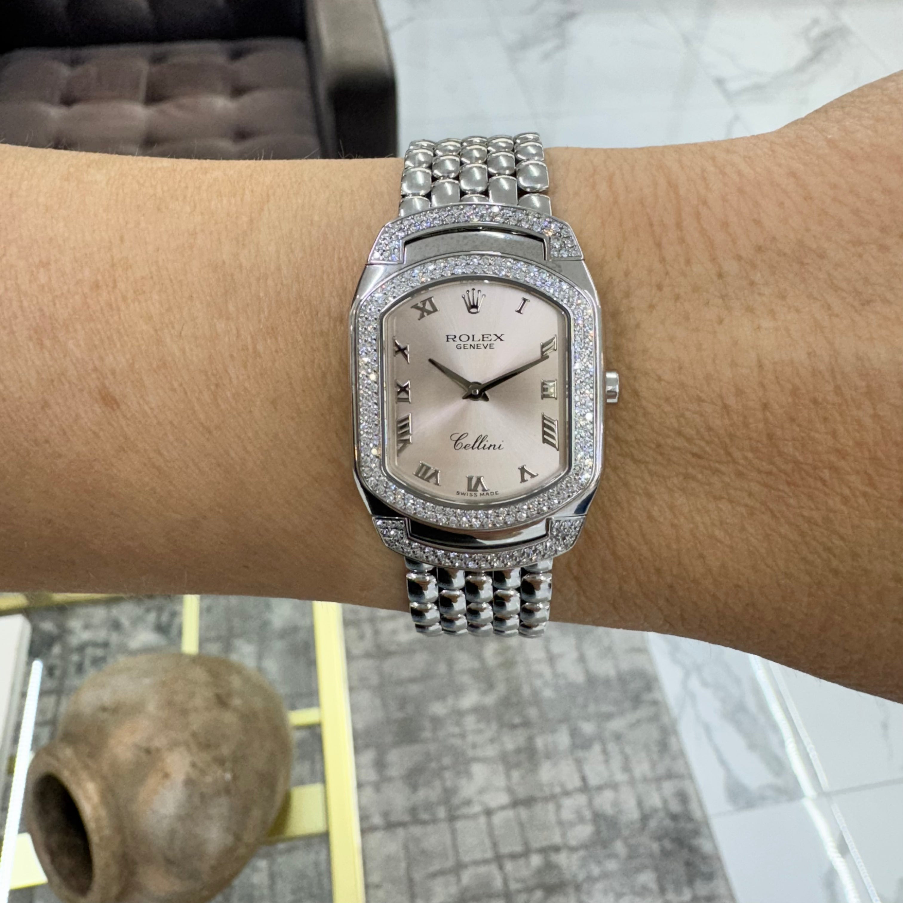 2007 Rolex Cellini Cellissima 24MM 6693 18K White Gold Pave Diamond Quartz Watch