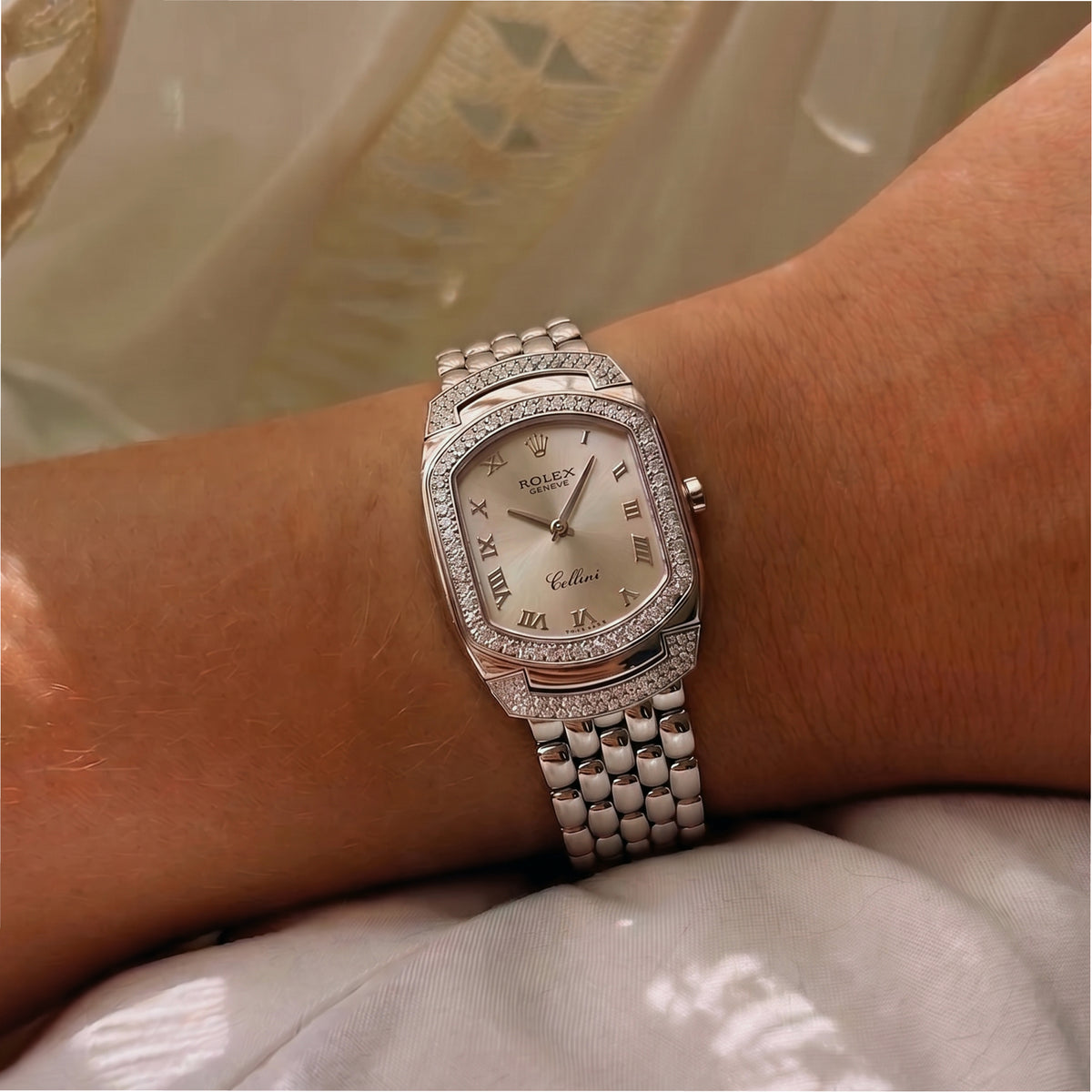 Ladies Rolex Cellini Cellissima 24MM 6693 18K White Gold Pave Diamond Quartz Watch