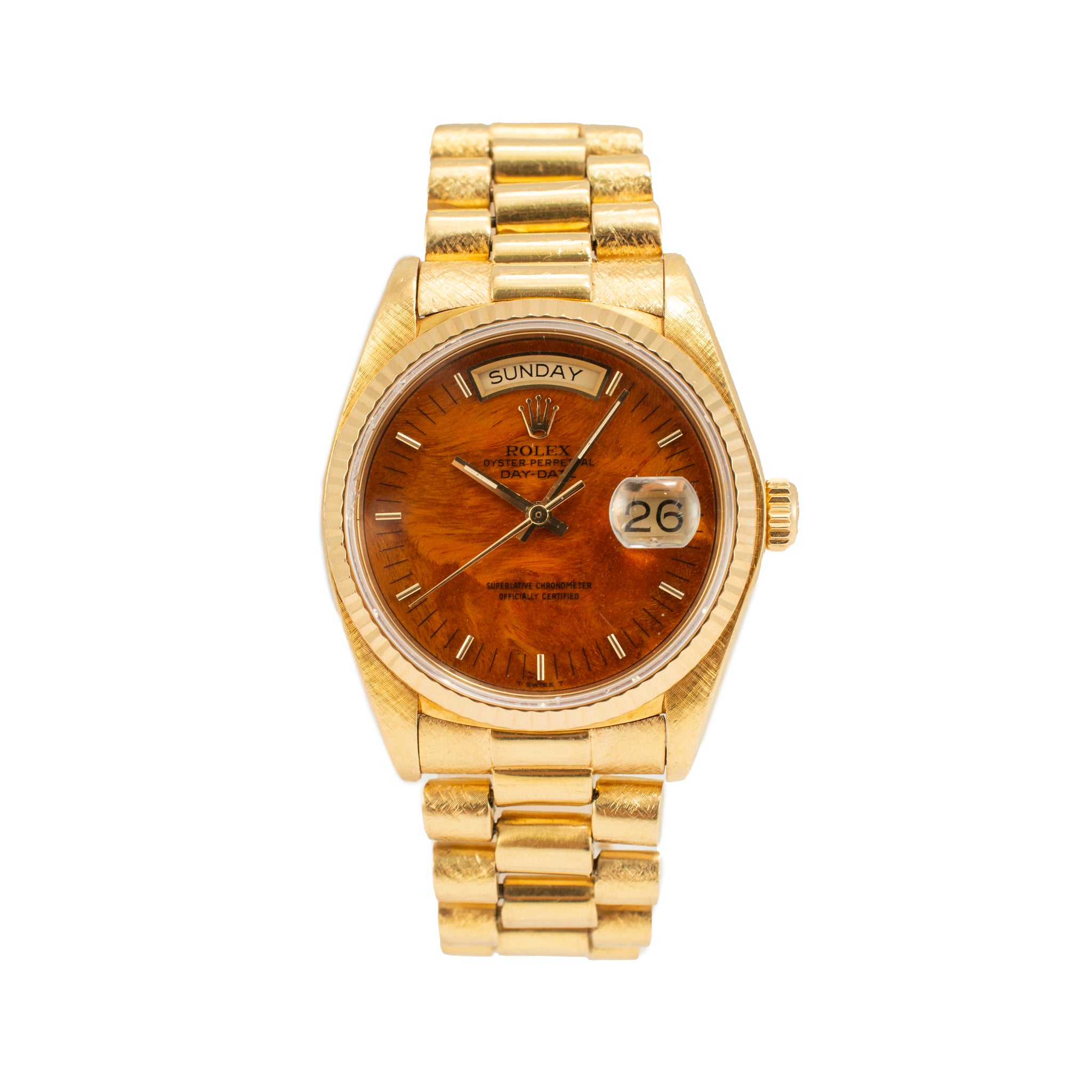 Vintage Rolex Day Date 36MM 18038 Walnut Birch Wood Dial Bark 18K Gold Watch