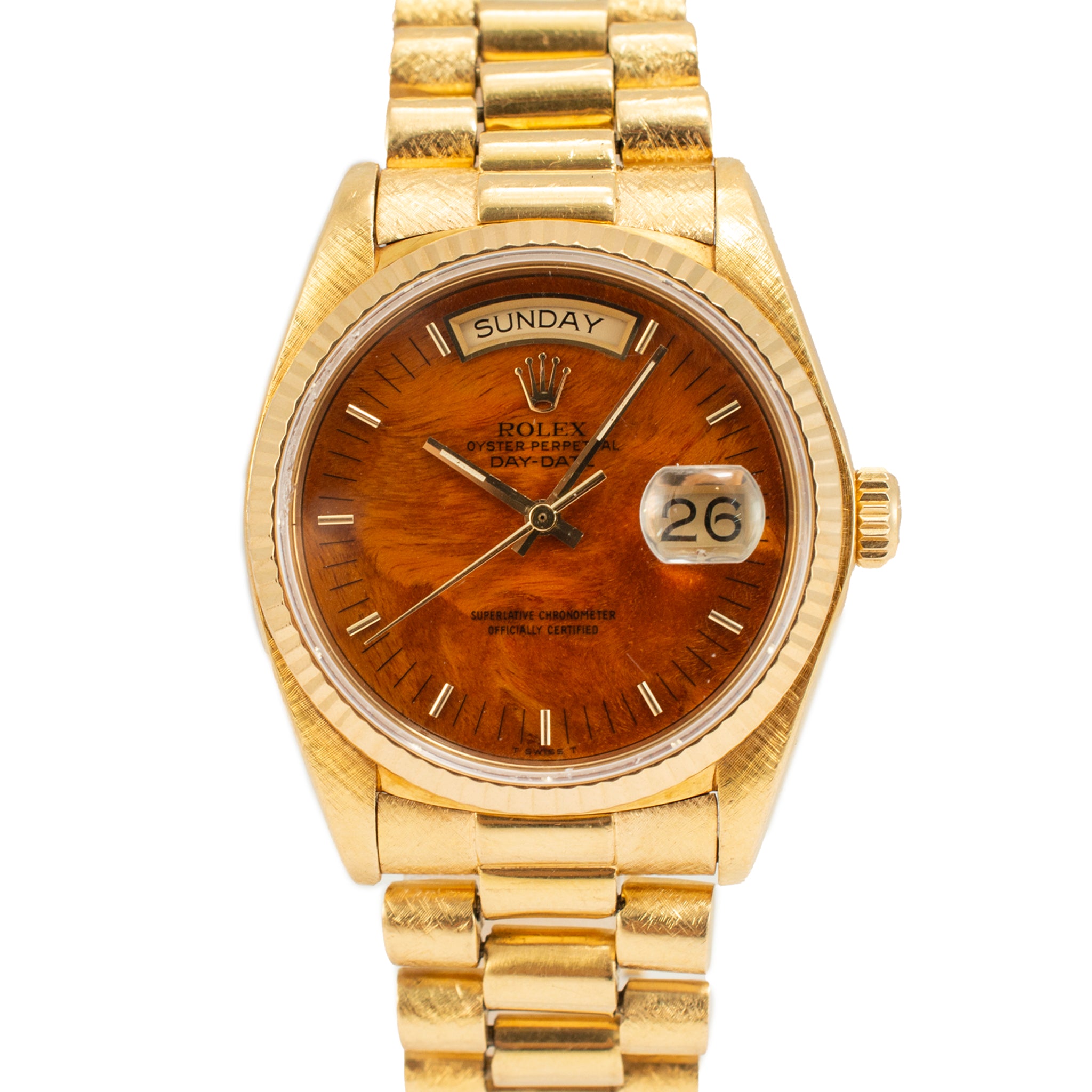Vintage Rolex Day Date 36MM 18038 Walnut Birch Wood Dial Bark 18K Gold Watch
