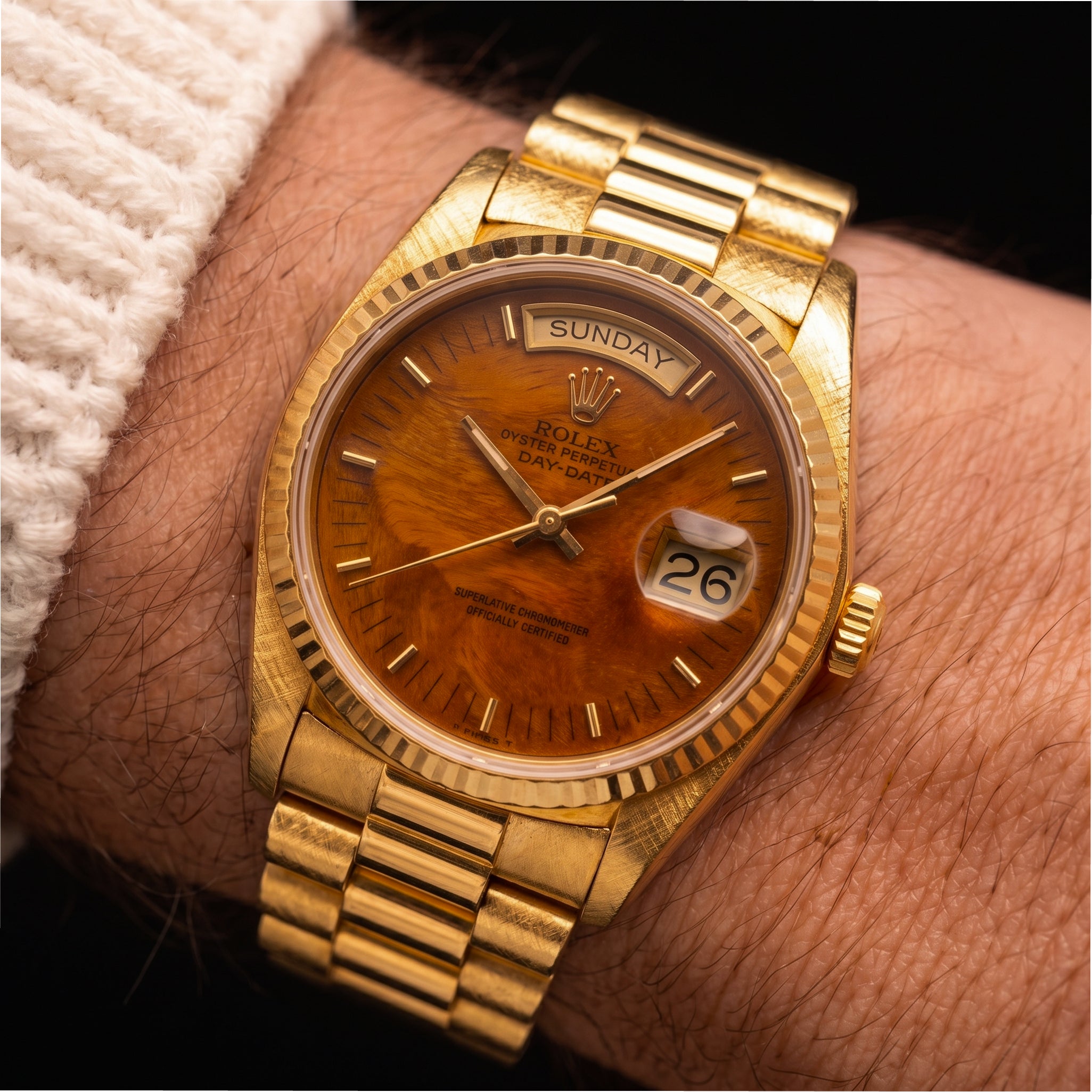 Vintage Rolex Day Date 36MM 18038 Walnut Birch Wood Dial Bark 18K Gold