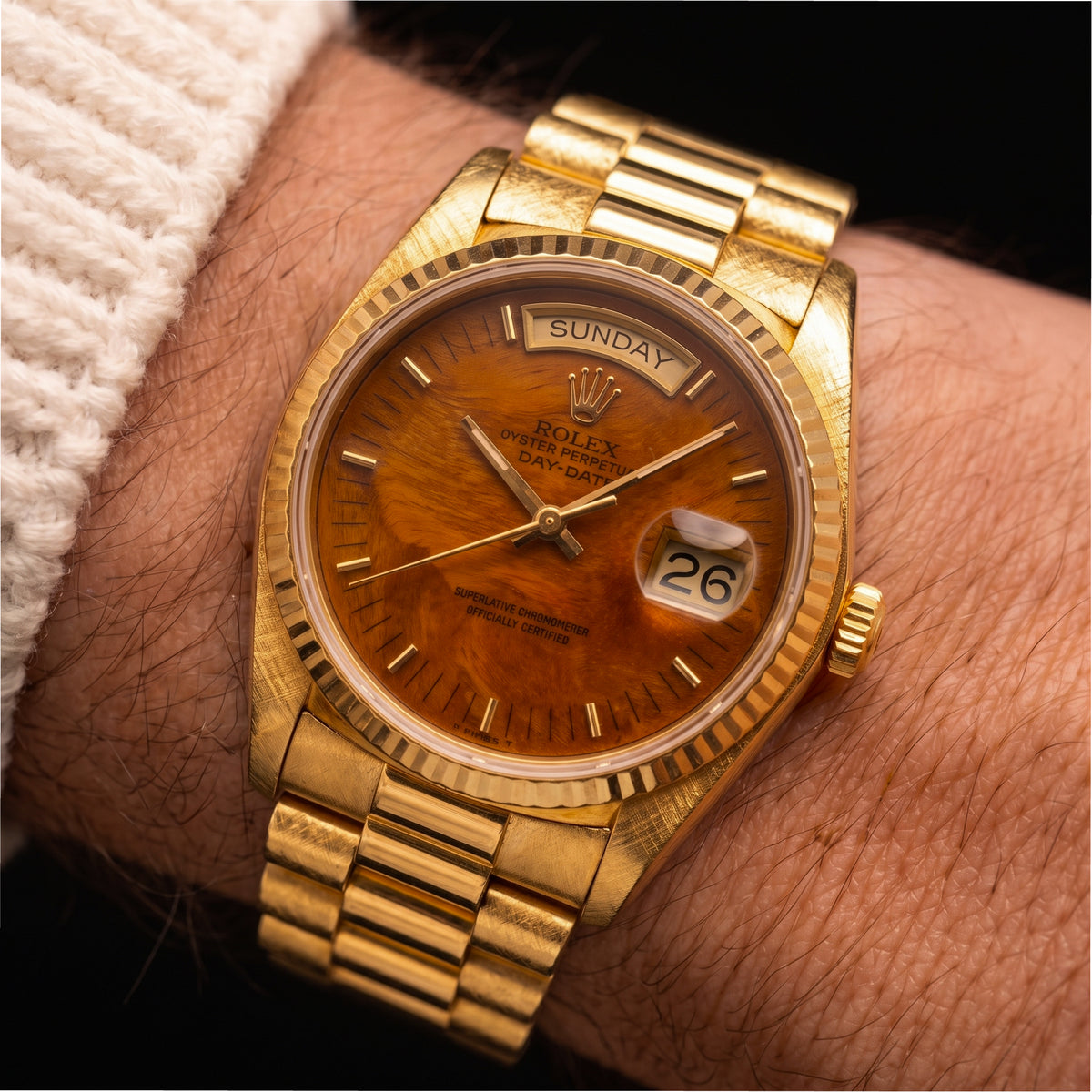 Vintage Rolex Day Date 36MM 18038 Walnut Birch Wood Dial Bark 18K Gold Watch