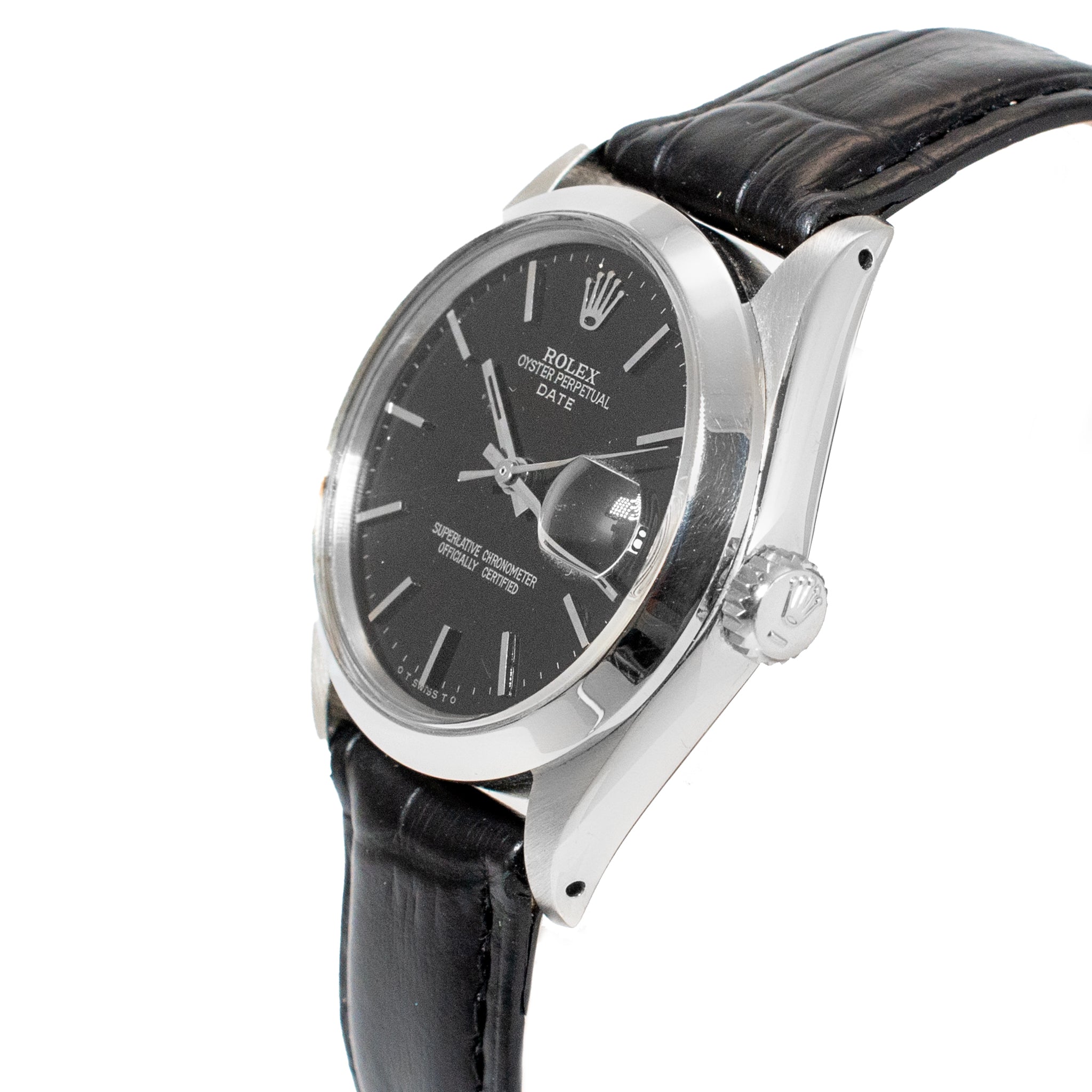 Vintage 1970 Rolex Oyster Perpetual Date 34MM 1501 Black Leather Steel Watch