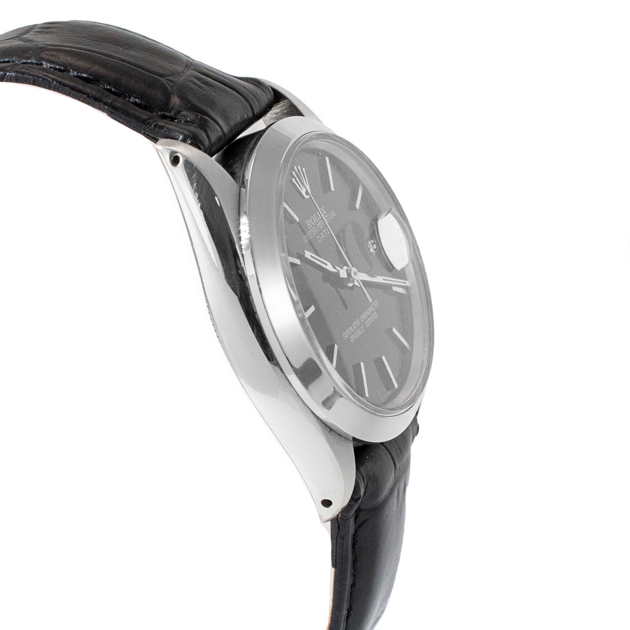 Vintage 1970 Rolex Oyster Perpetual Date 34MM 1501 Black Leather Steel Watch