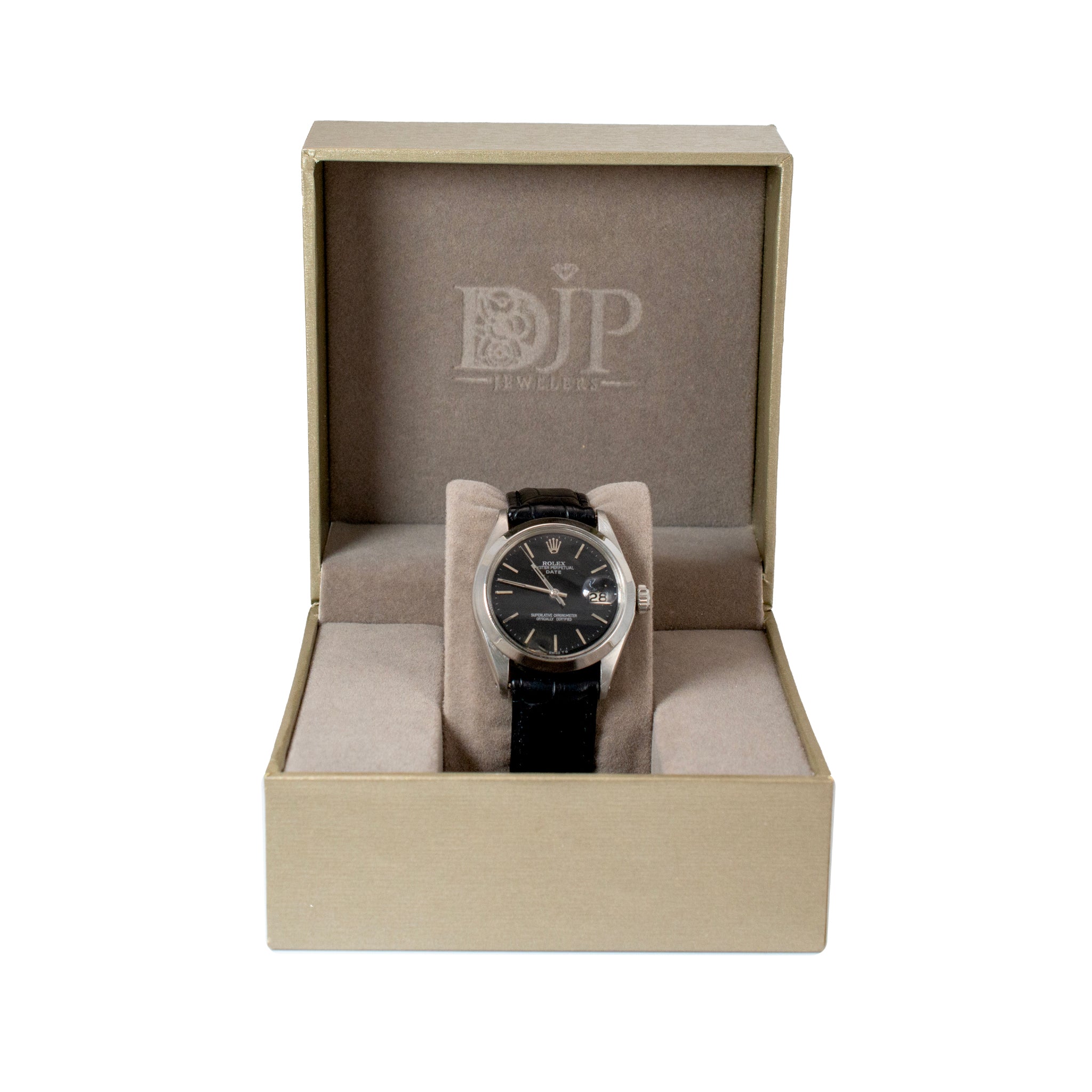 Vintage 1970 Rolex Oyster Perpetual Date 34MM 1501 Black Leather Steel Watch