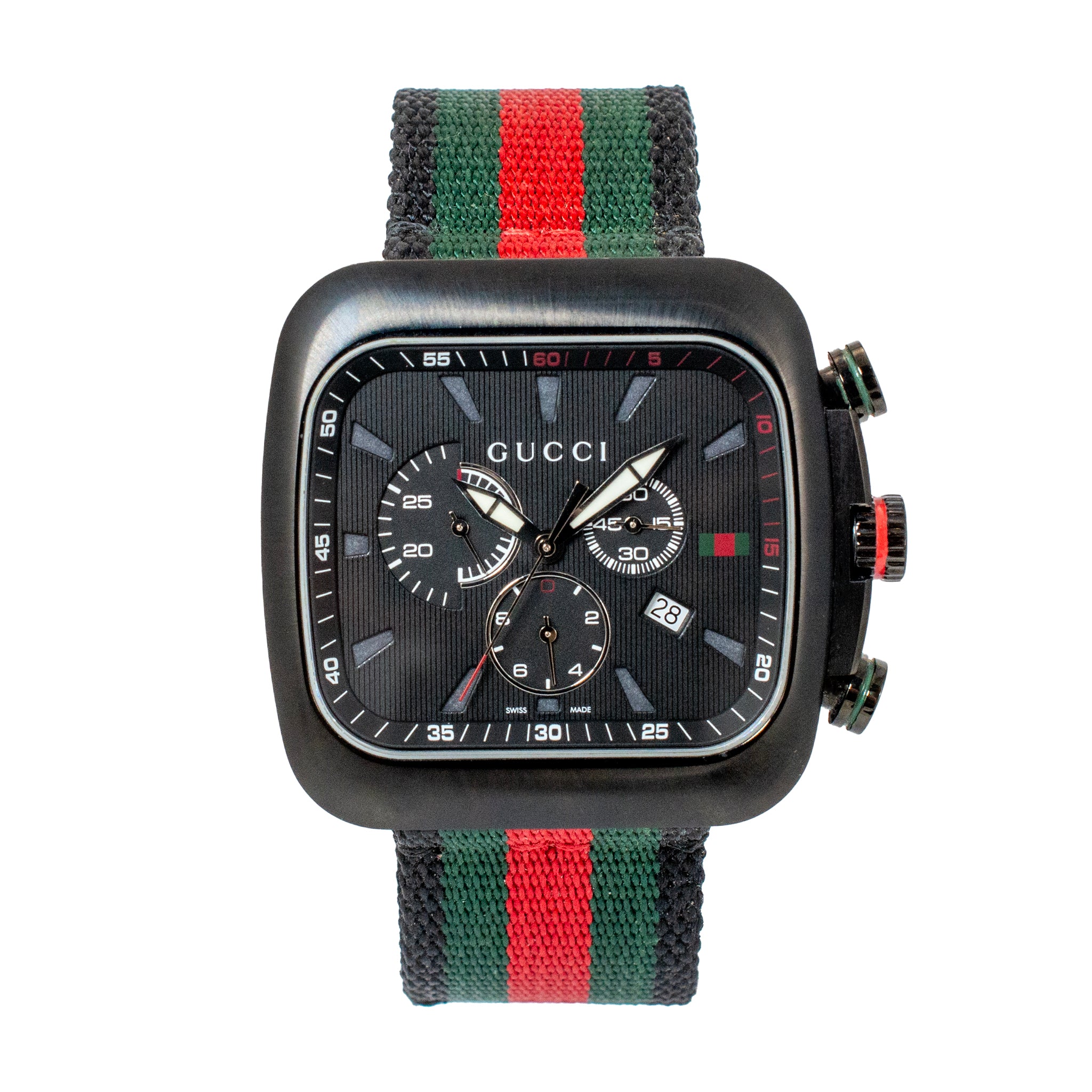Gucci Coupe 44MM 131.2 YA131202 Chronograph Square Black Dial Red Quartz Watch