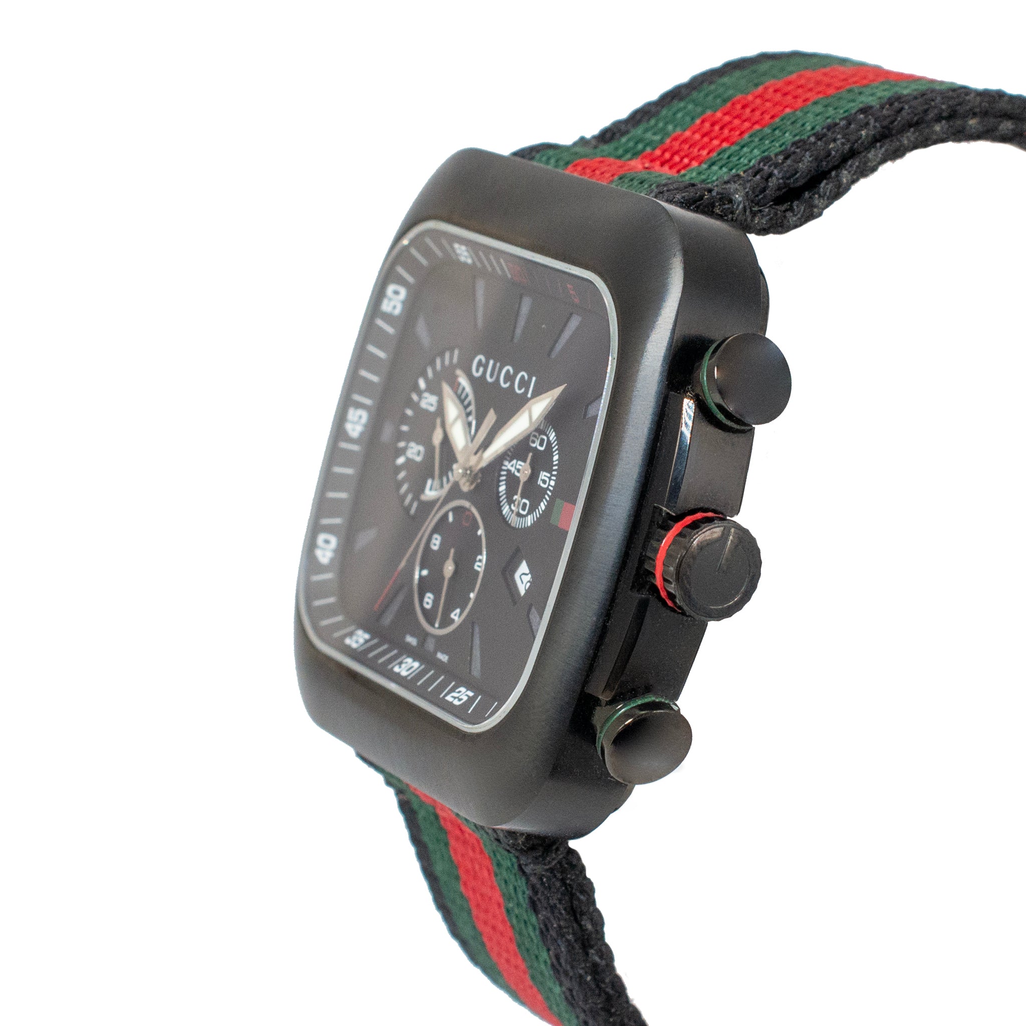 Gucci Coupe 44MM 131.2 YA131202 Chronograph Square Black Dial Red Quartz Watch