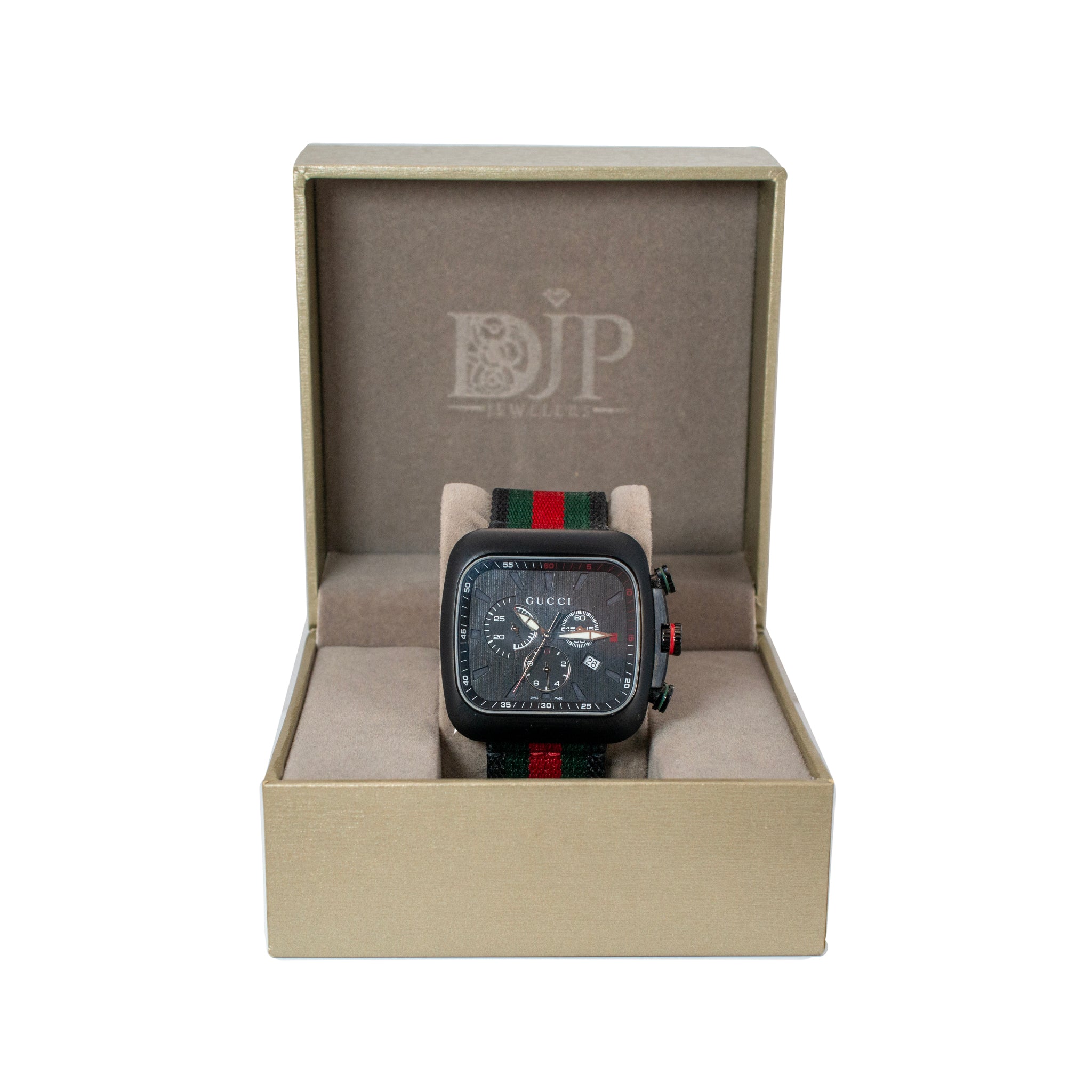 Gucci Coupe 44MM 131.2 YA131202 Chronograph Square Black Dial Red Quartz Watch