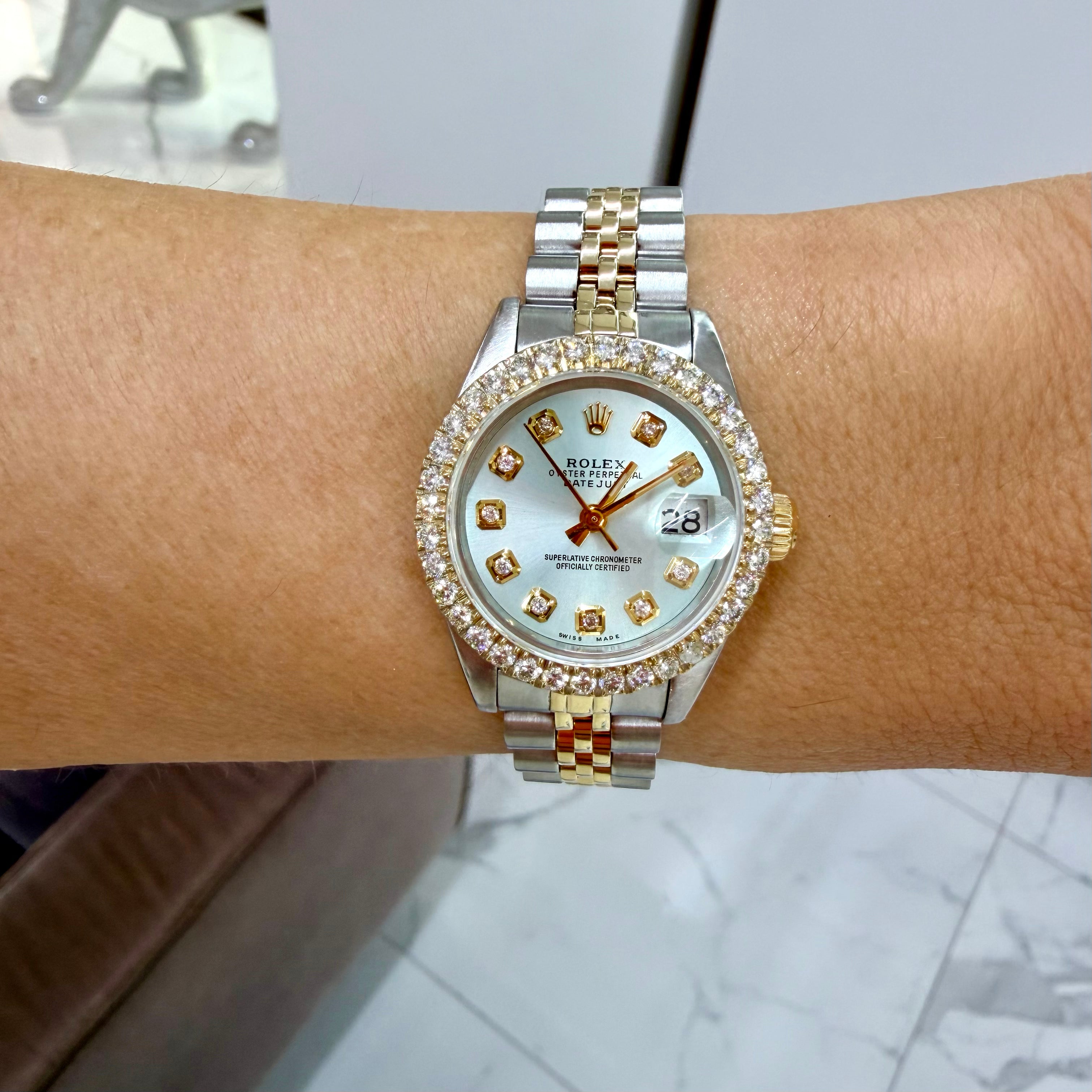 Rolex Ladies Datejust 26mm 69173 Mop Dial Diamond Bezel Jubilee Yellow Gold Steel Watch