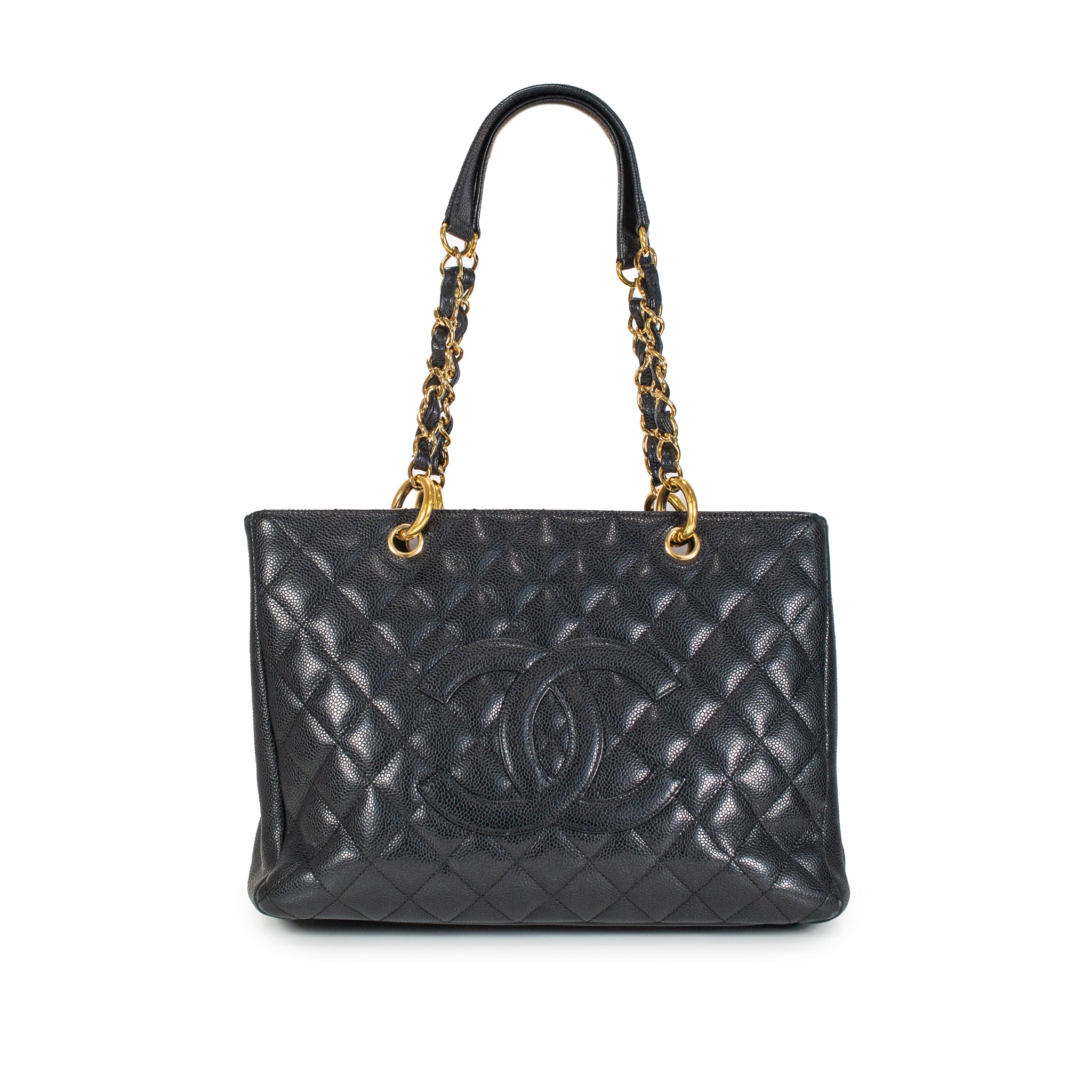 Chanel Grand Shopping GST Black Caviar Quilted Pattern Leather Tote Handbag