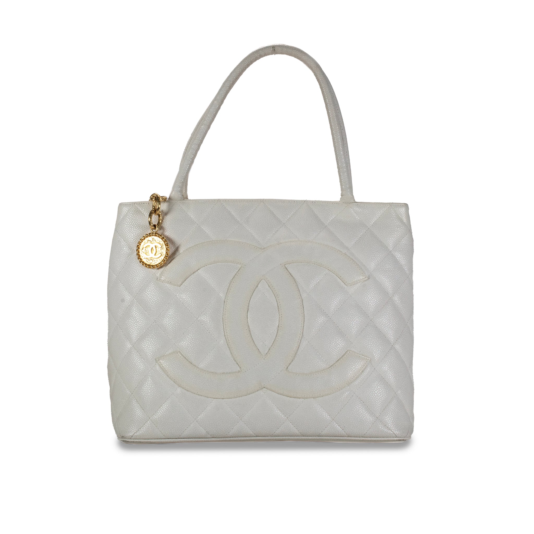 Vintage Chanel White Caviar Quilted Leather Medallion Tote Gold Hardware Handbag