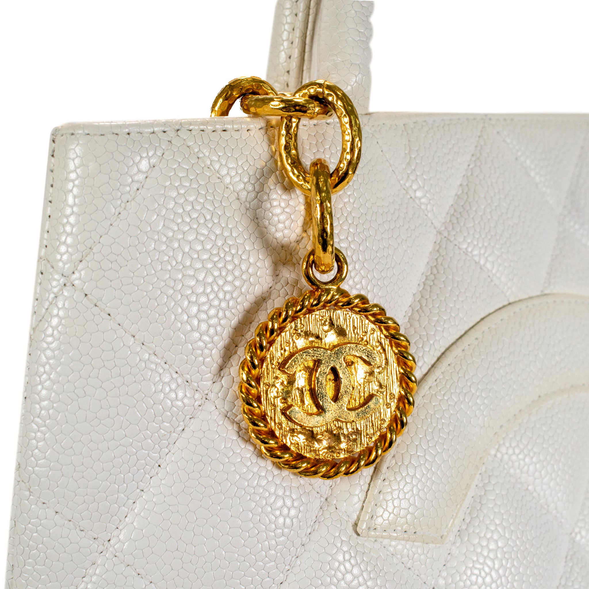 Vintage Chanel White Caviar Quilted Leather Medallion Tote Gold Hardware Handbag