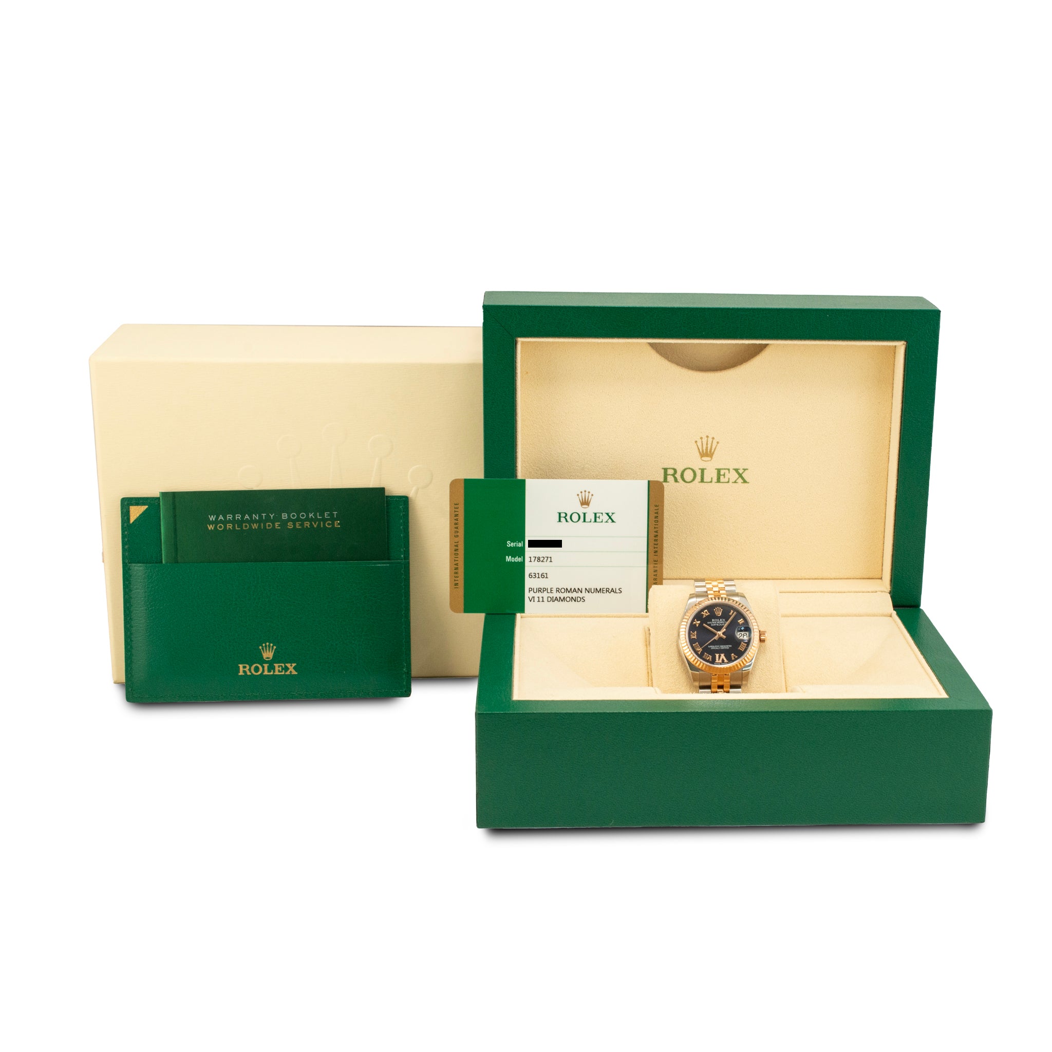 Ladies Rolex Datejust 31MM 178271 Purple Roman Diamond Jubilee Gold Steel Watch